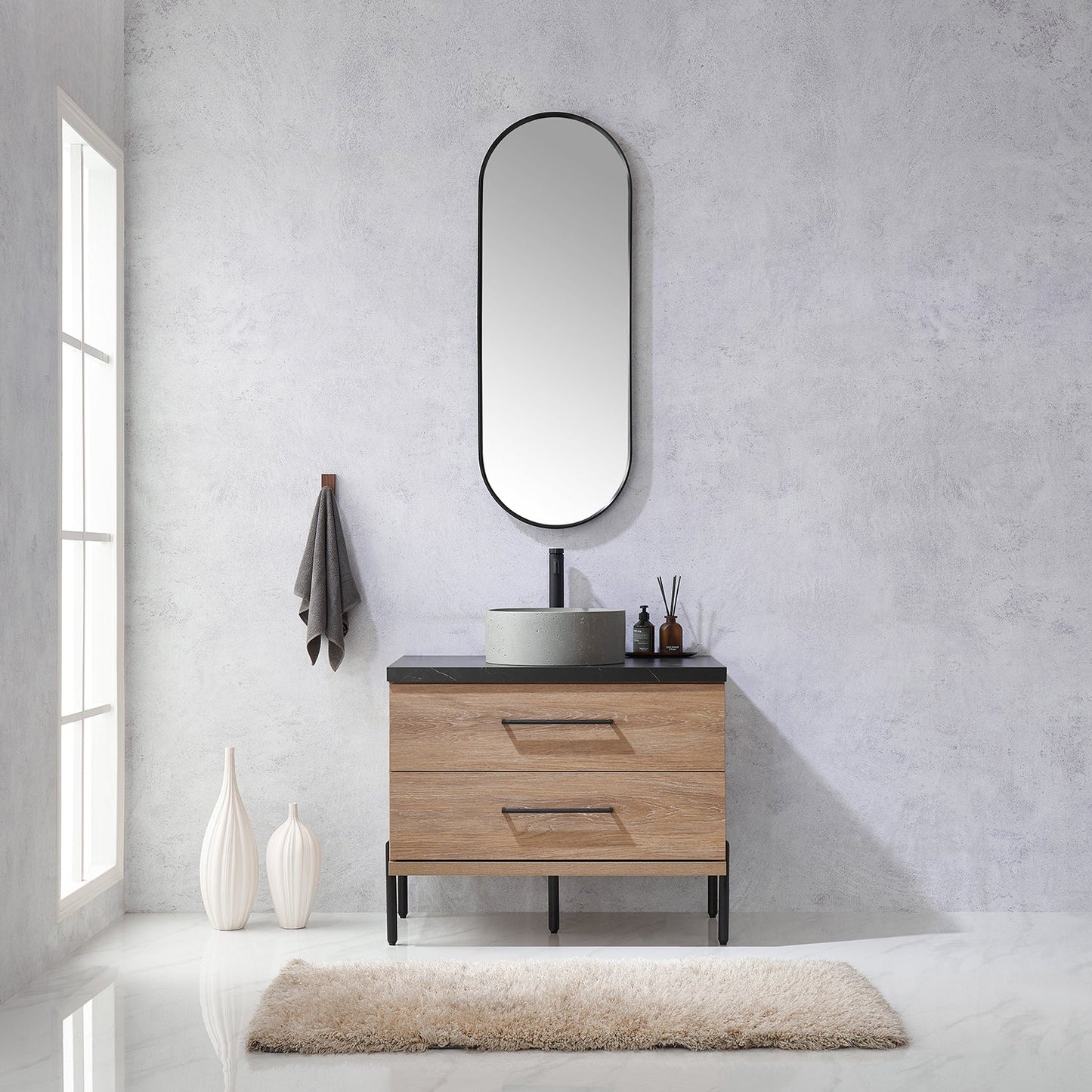 Trento 36" Single Vanity in North American Oak with Black Sintered Stone Top with Natural Circular Concrete Sink