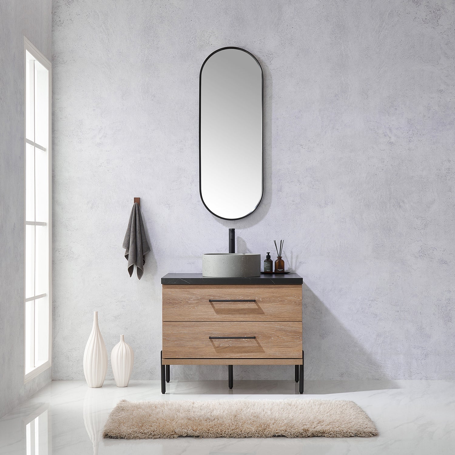 Trento 36" Single Vanity in North American Oak with Black Sintered Stone Top with Natural Circular Concrete Sink