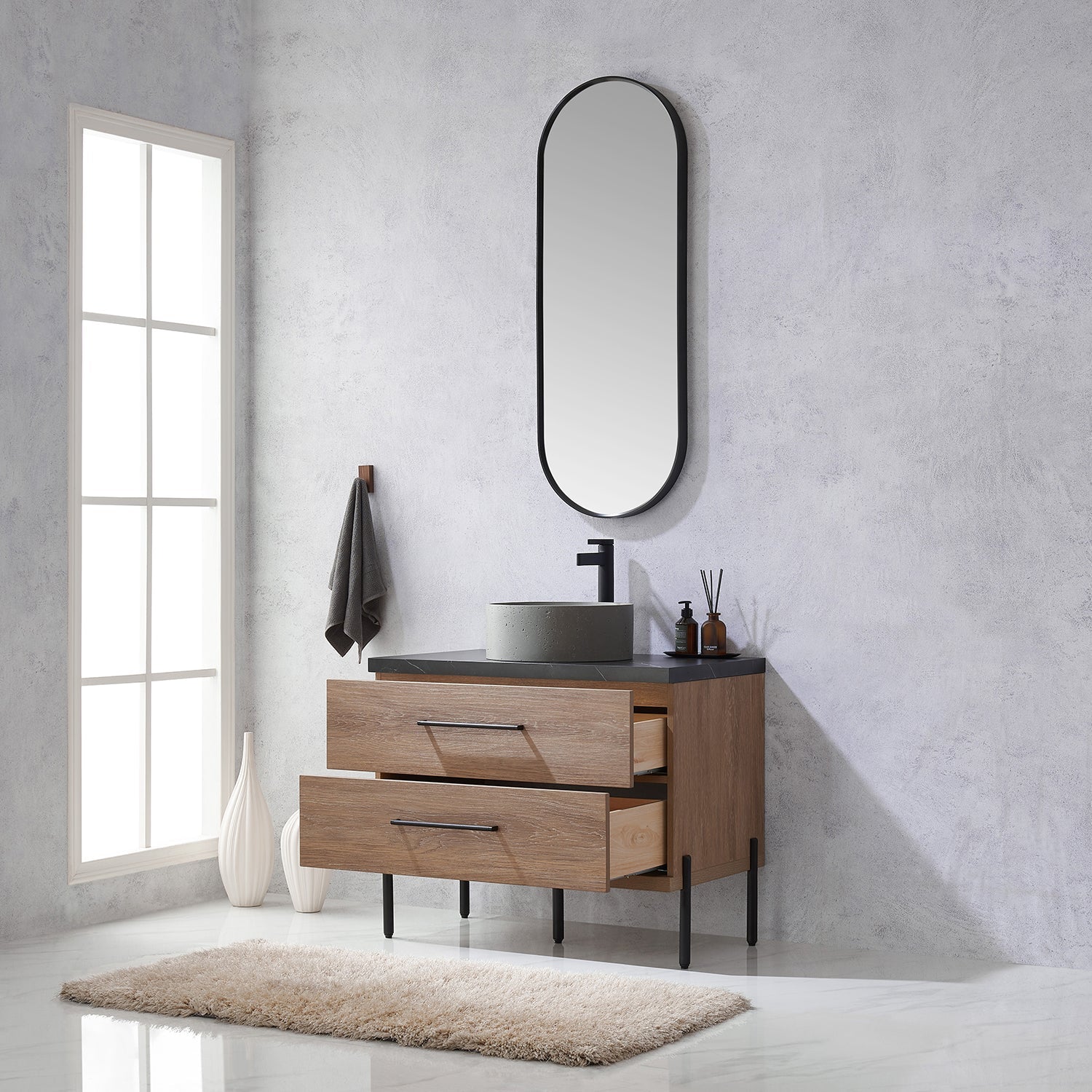 Trento 36" Single Vanity in North American Oak with Black Sintered Stone Top with Natural Circular Concrete Sink