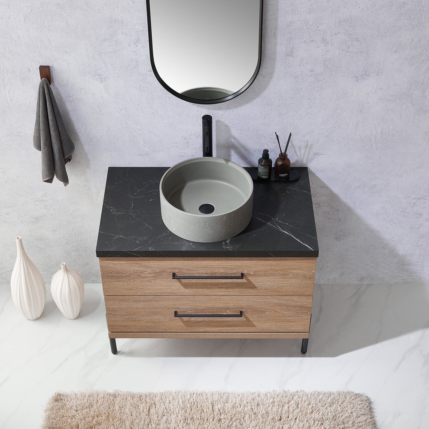 Trento 36" Single Vanity in North American Oak with Black Sintered Stone Top with Natural Circular Concrete Sink
