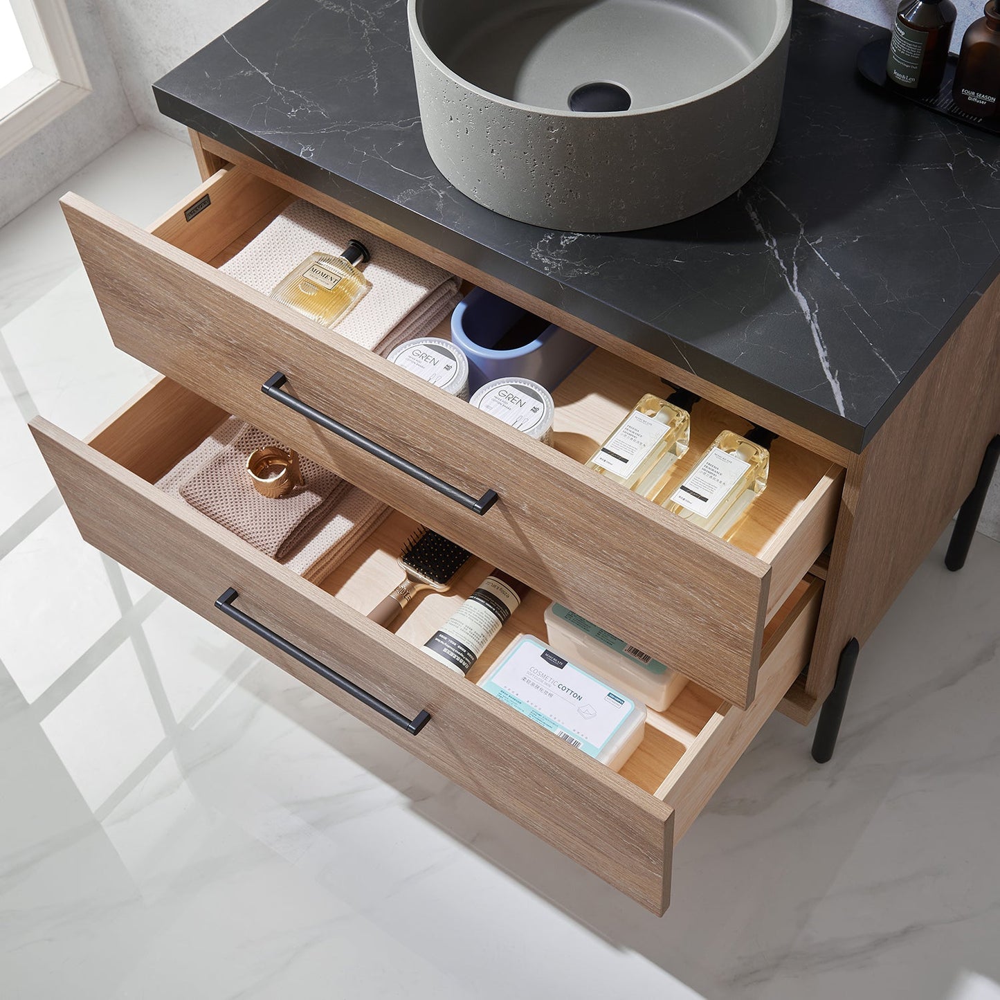 Trento 36" Single Vanity in North American Oak with Black Sintered Stone Top with Natural Circular Concrete Sink