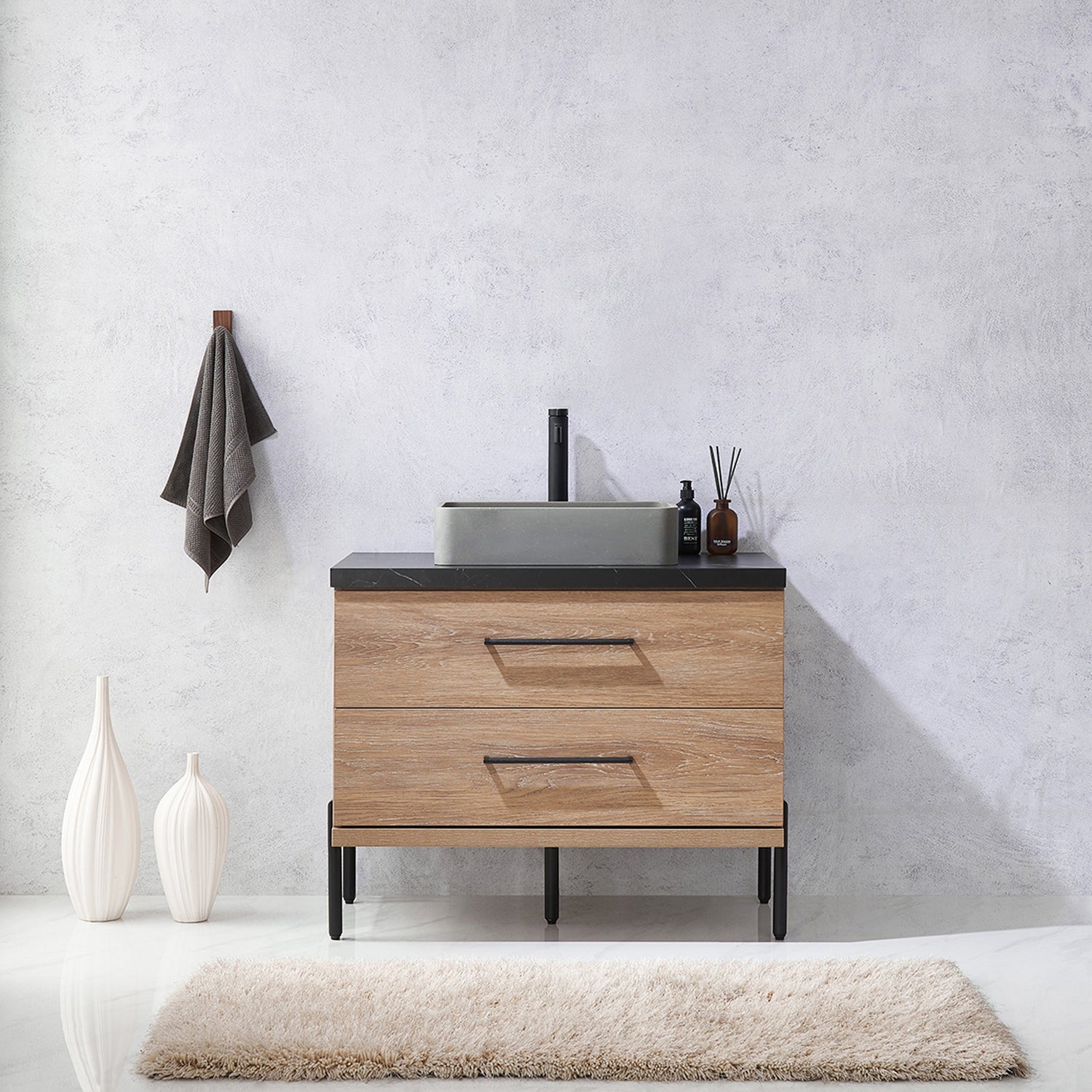 Trento 36" Single Vanity in North American Oak with Black Sintered Stone Top with Rectangular Concrete Sink