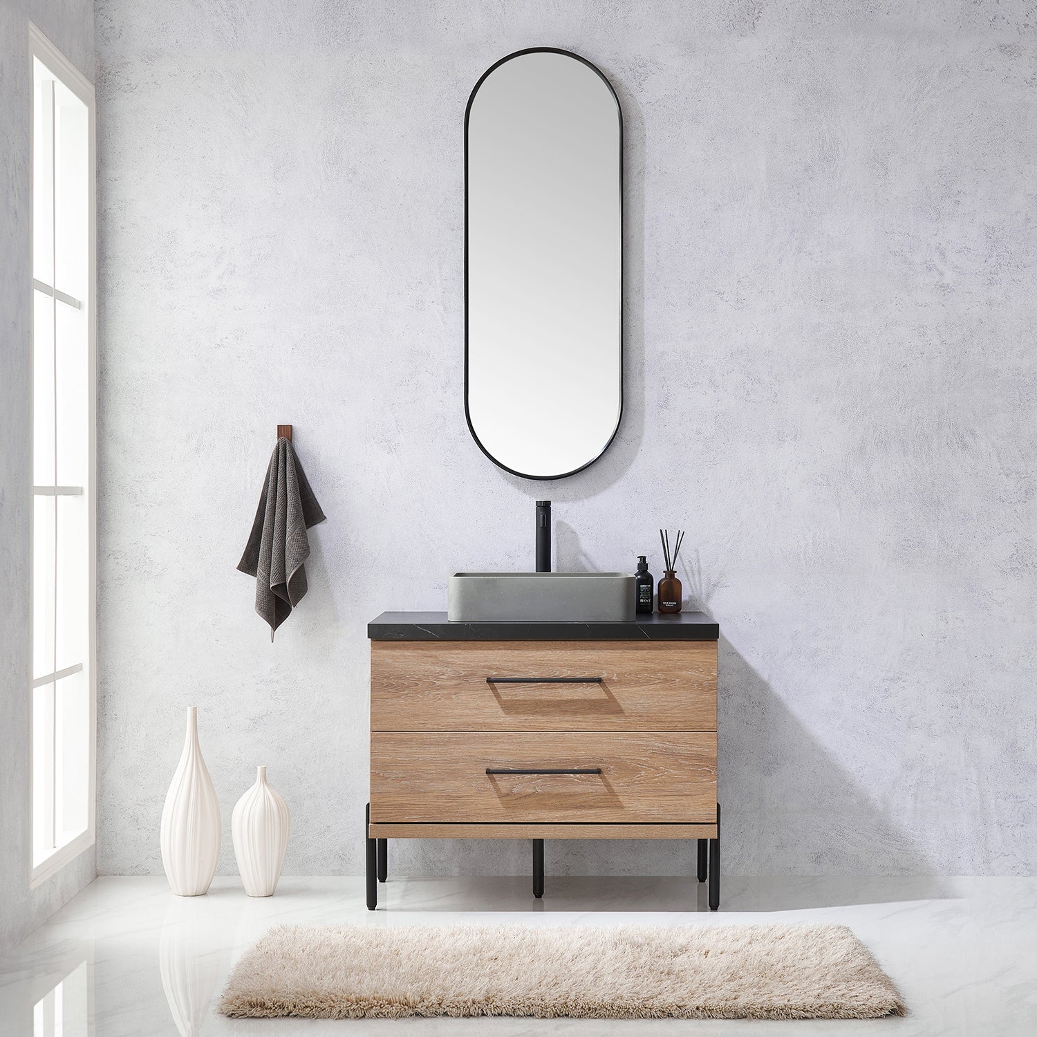 Trento 36" Single Vanity in North American Oak with Black Sintered Stone Top with Rectangular Concrete Sink