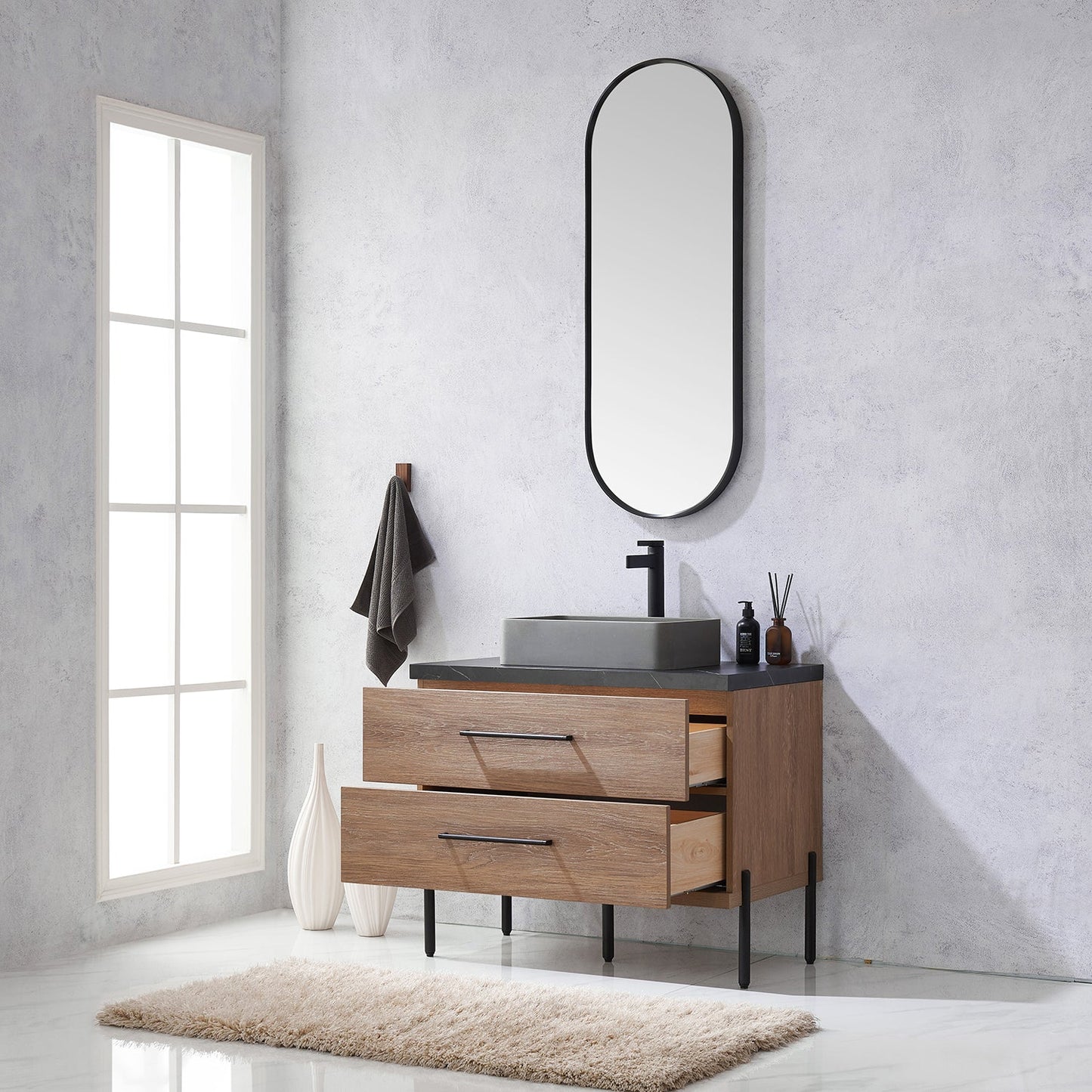 Trento 36" Single Vanity in North American Oak with Black Sintered Stone Top with Rectangular Concrete Sink