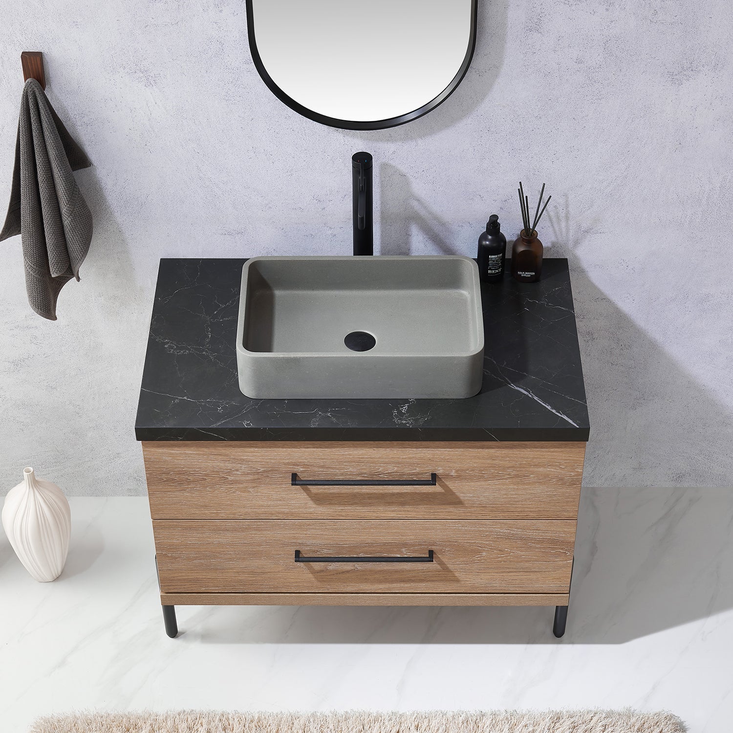 Trento 36" Single Vanity in North American Oak with Black Sintered Stone Top with Rectangular Concrete Sink