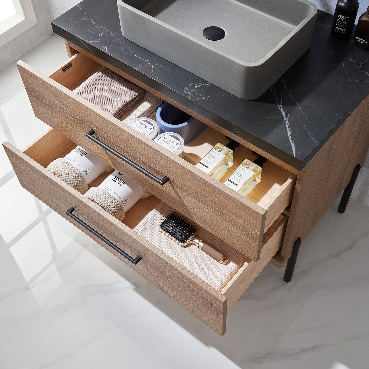 Trento 36" Single Vanity in North American Oak with Black Sintered Stone Top with Rectangular Concrete Sink