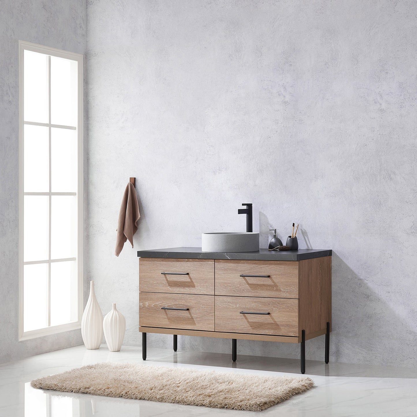 Trento 48" Single Vanity in North American Oak with Black Sintered Stone Top with Circular Concrete Sink