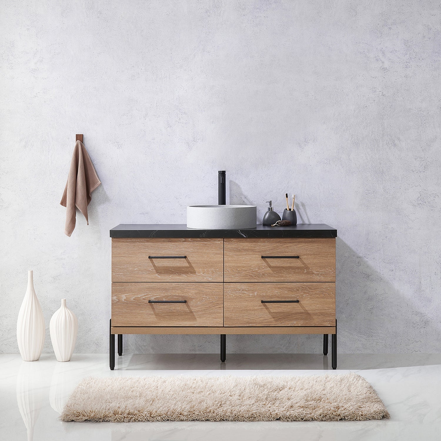 Trento 48" Single Vanity in North American Oak with Black Sintered Stone Top with Circular Concrete Sink