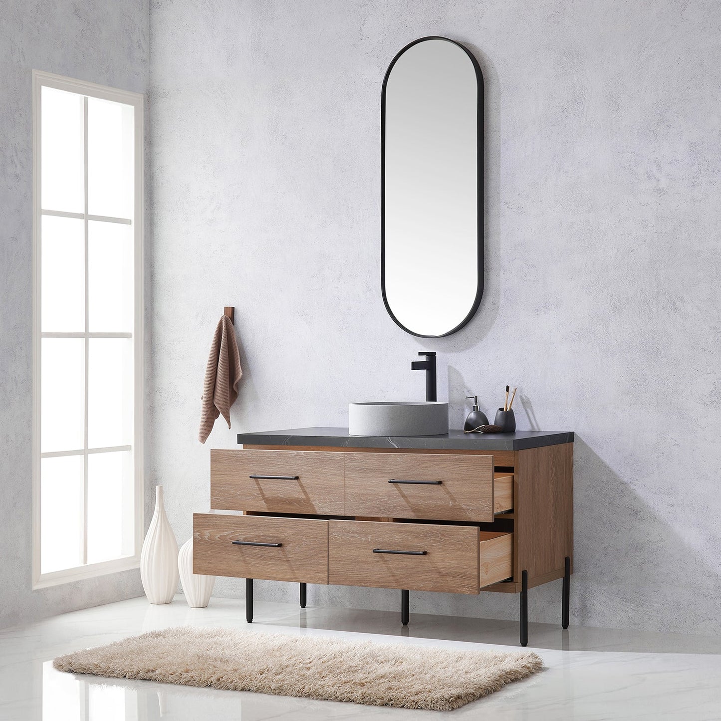 Trento 48" Single Vanity in North American Oak with Black Sintered Stone Top with Circular Concrete Sink