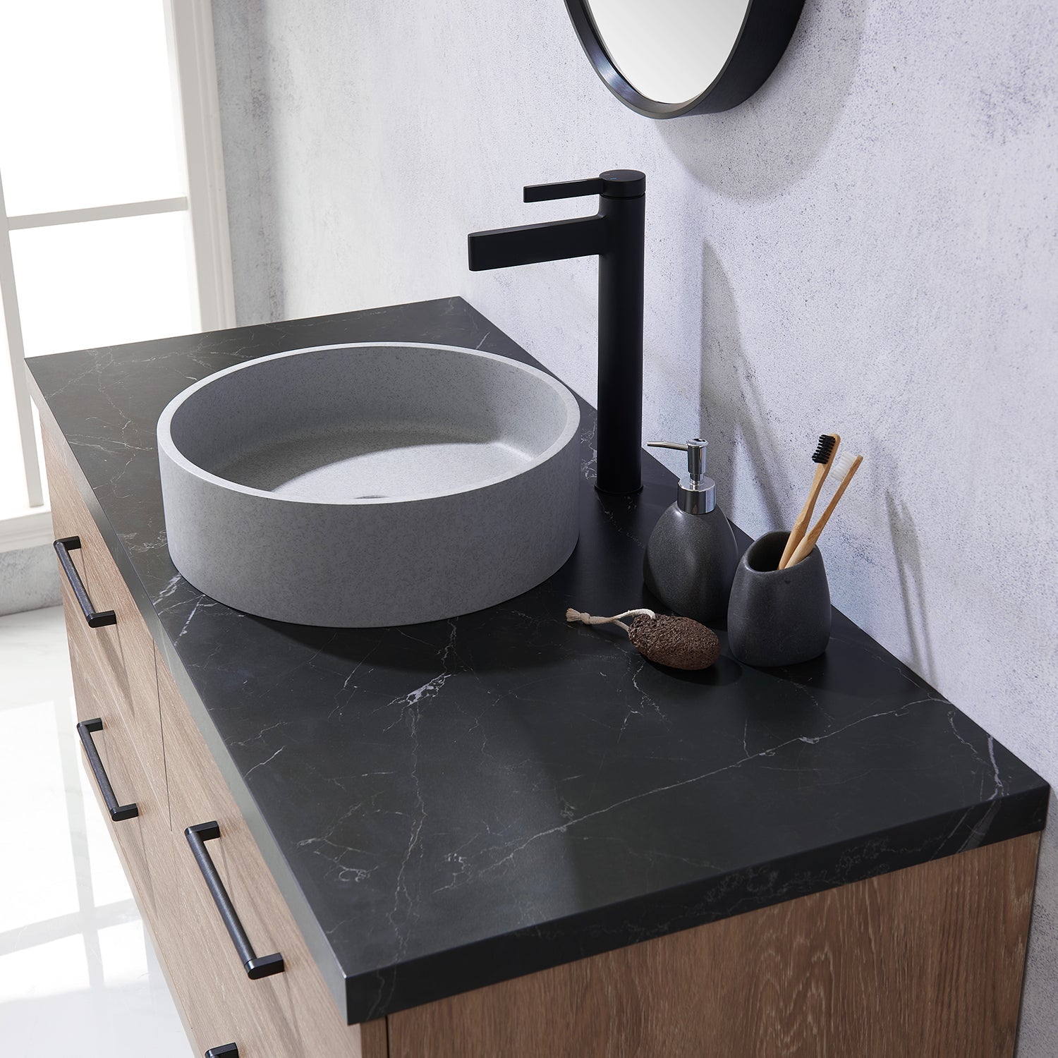 Trento 48" Single Vanity in North American Oak with Black Sintered Stone Top with Circular Concrete Sink