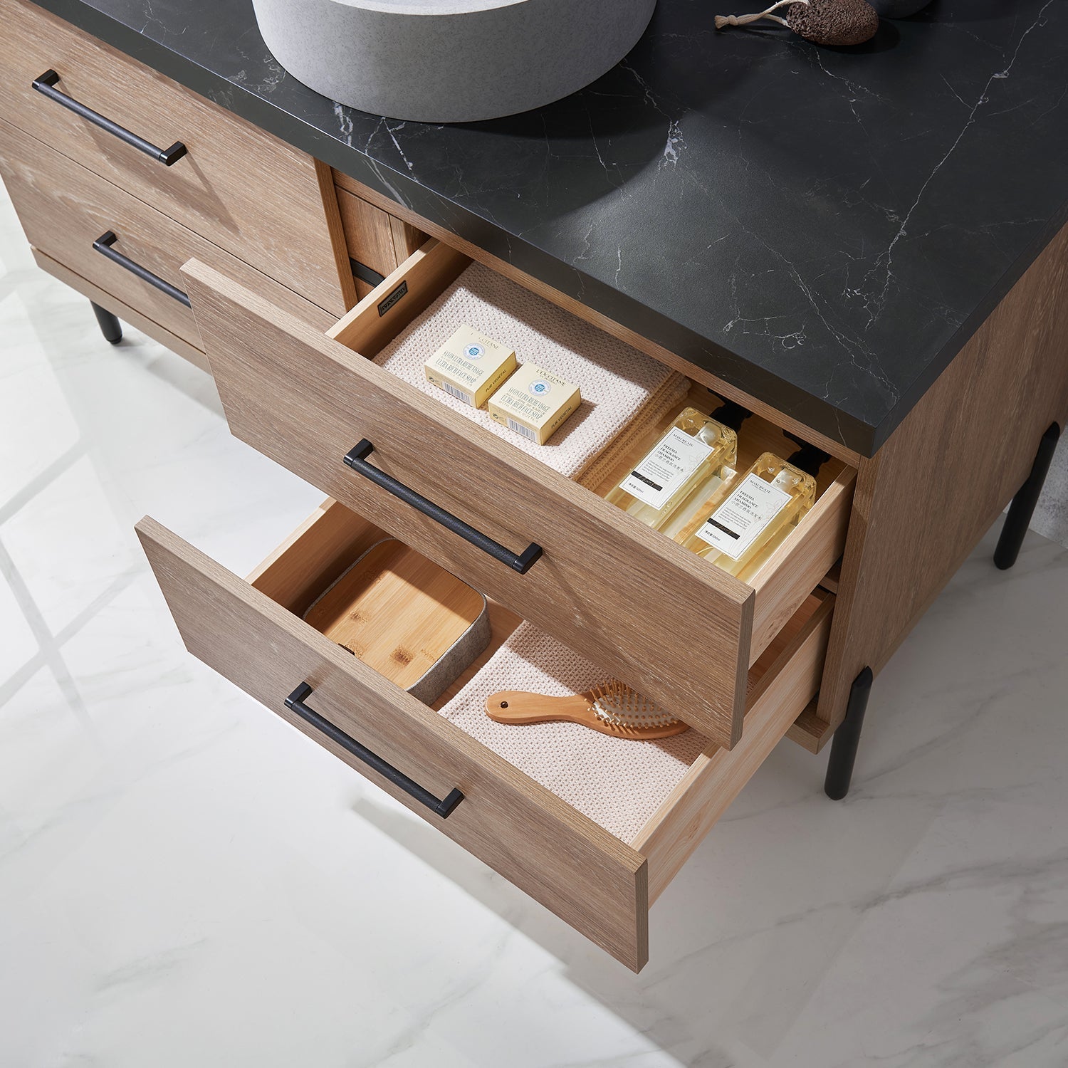 Trento 48" Single Vanity in North American Oak with Black Sintered Stone Top with Circular Concrete Sink