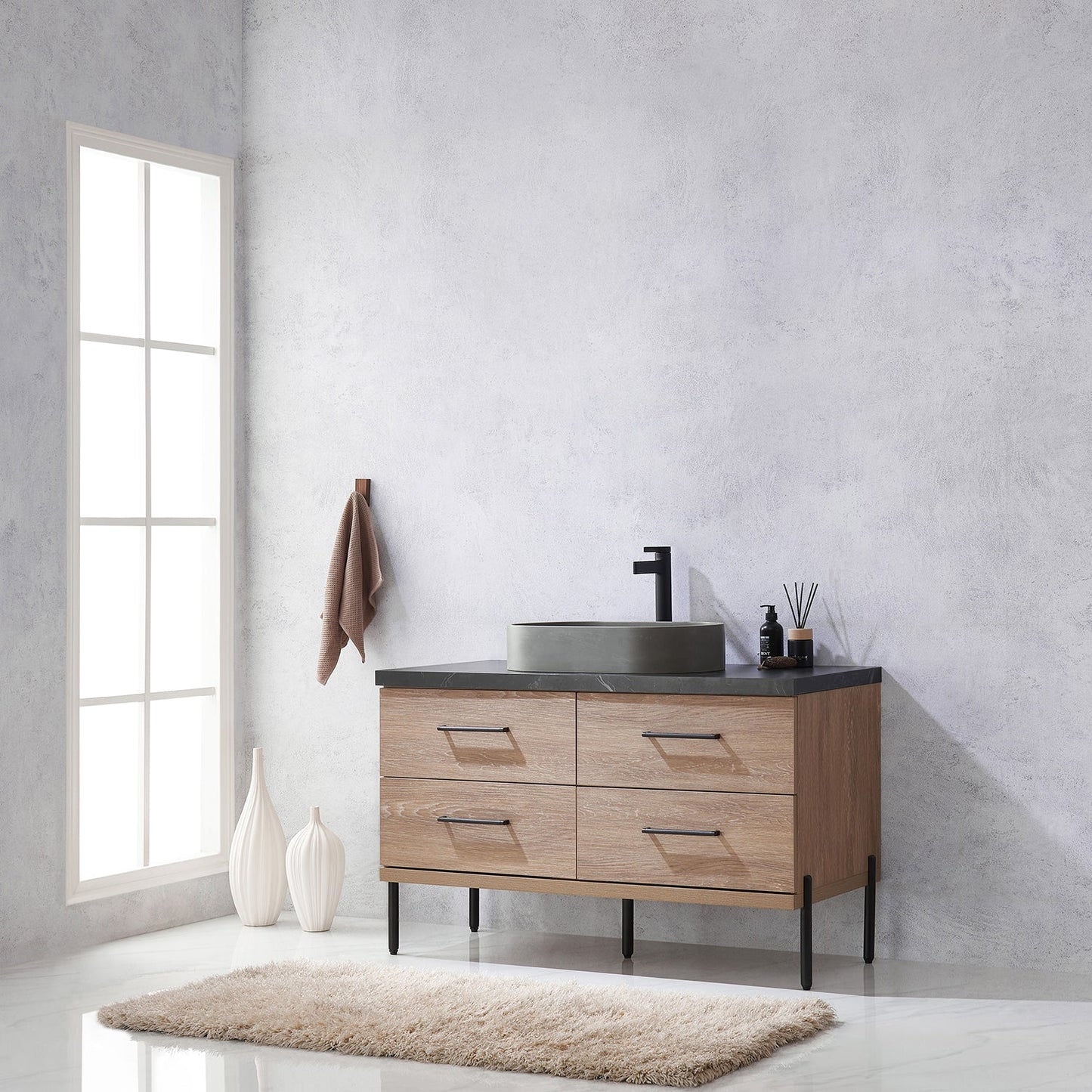 Trento 48" Single Vanity in North American Oak with Black Sintered Stone Top with Oval Concrete Sink