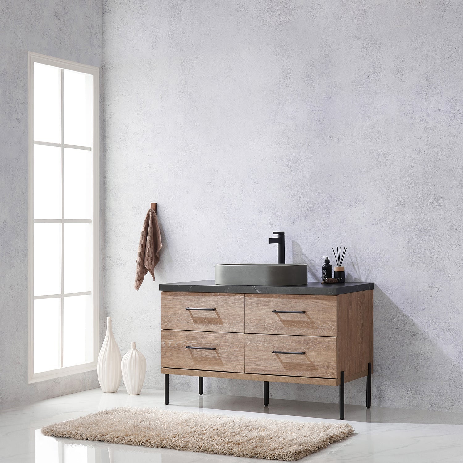 Trento 48" Single Vanity in North American Oak with Black Sintered Stone Top with Oval Concrete Sink