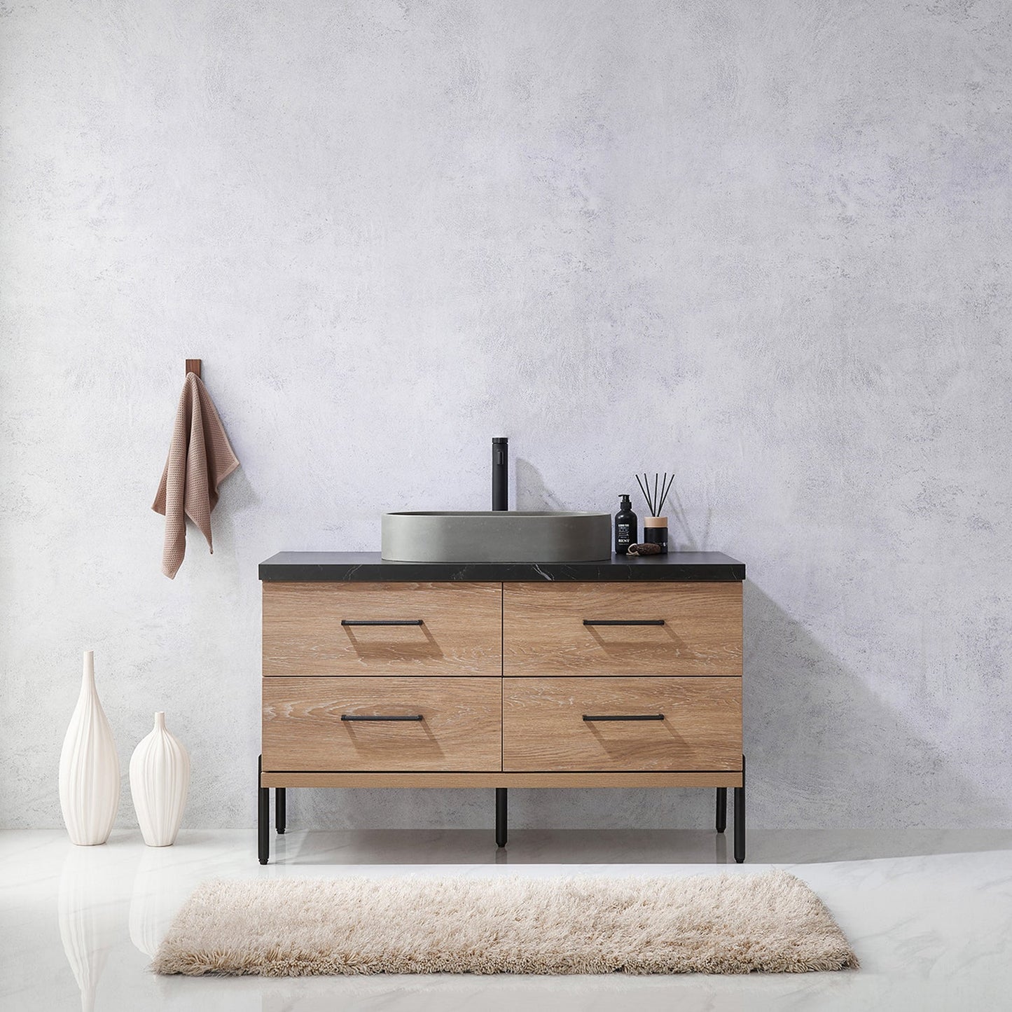 Trento 48" Single Vanity in North American Oak with Black Sintered Stone Top with Oval Concrete Sink