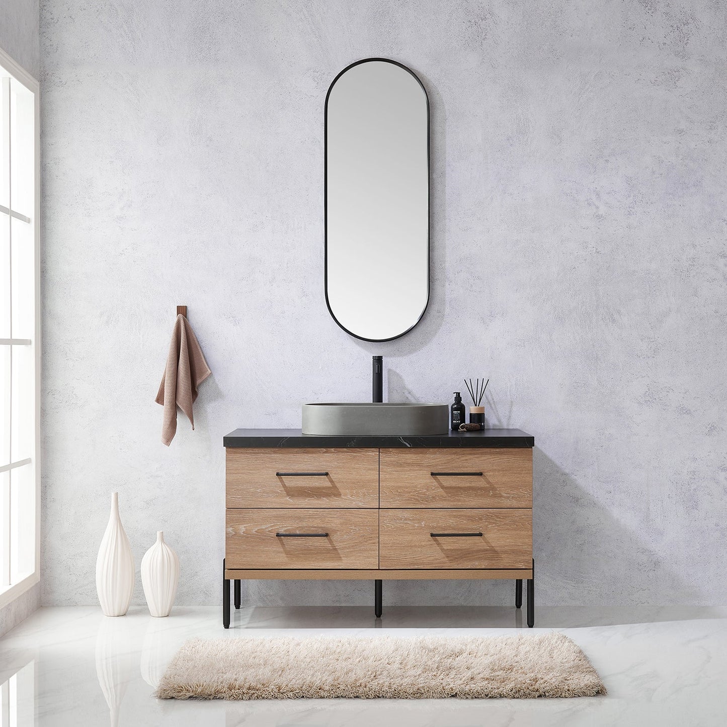 Trento 48" Single Vanity in North American Oak with Black Sintered Stone Top with Oval Concrete Sink