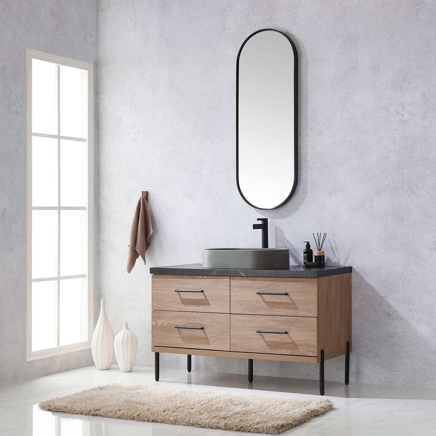 Trento 48" Single Vanity in North American Oak with Black Sintered Stone Top with Oval Concrete Sink