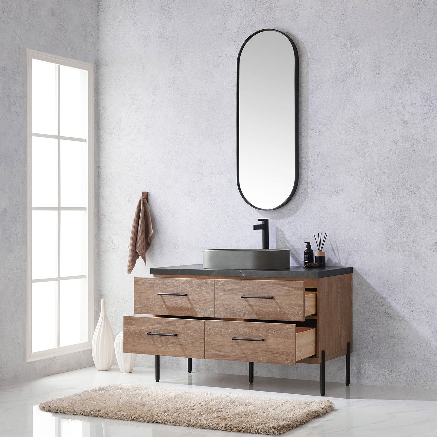 Trento 48" Single Vanity in North American Oak with Black Sintered Stone Top with Oval Concrete Sink