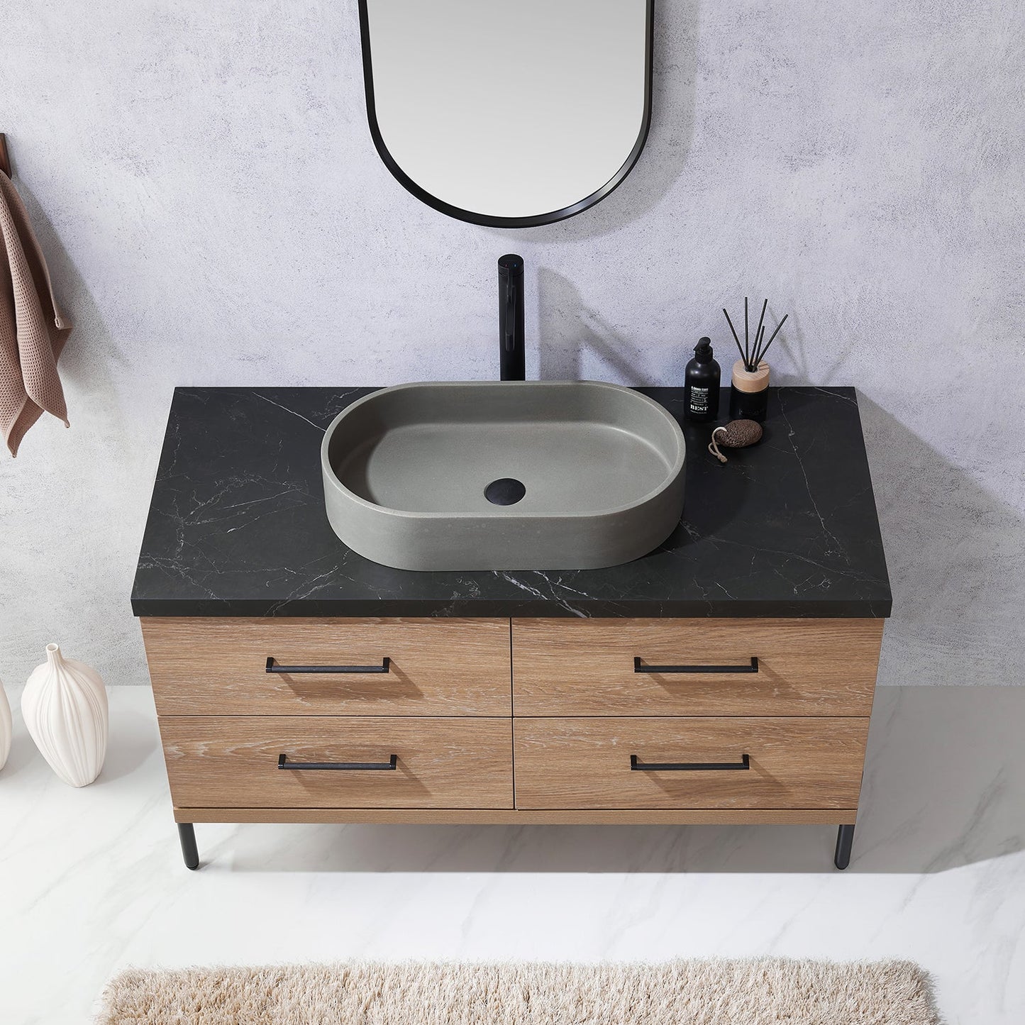 Trento 48" Single Vanity in North American Oak with Black Sintered Stone Top with Oval Concrete Sink