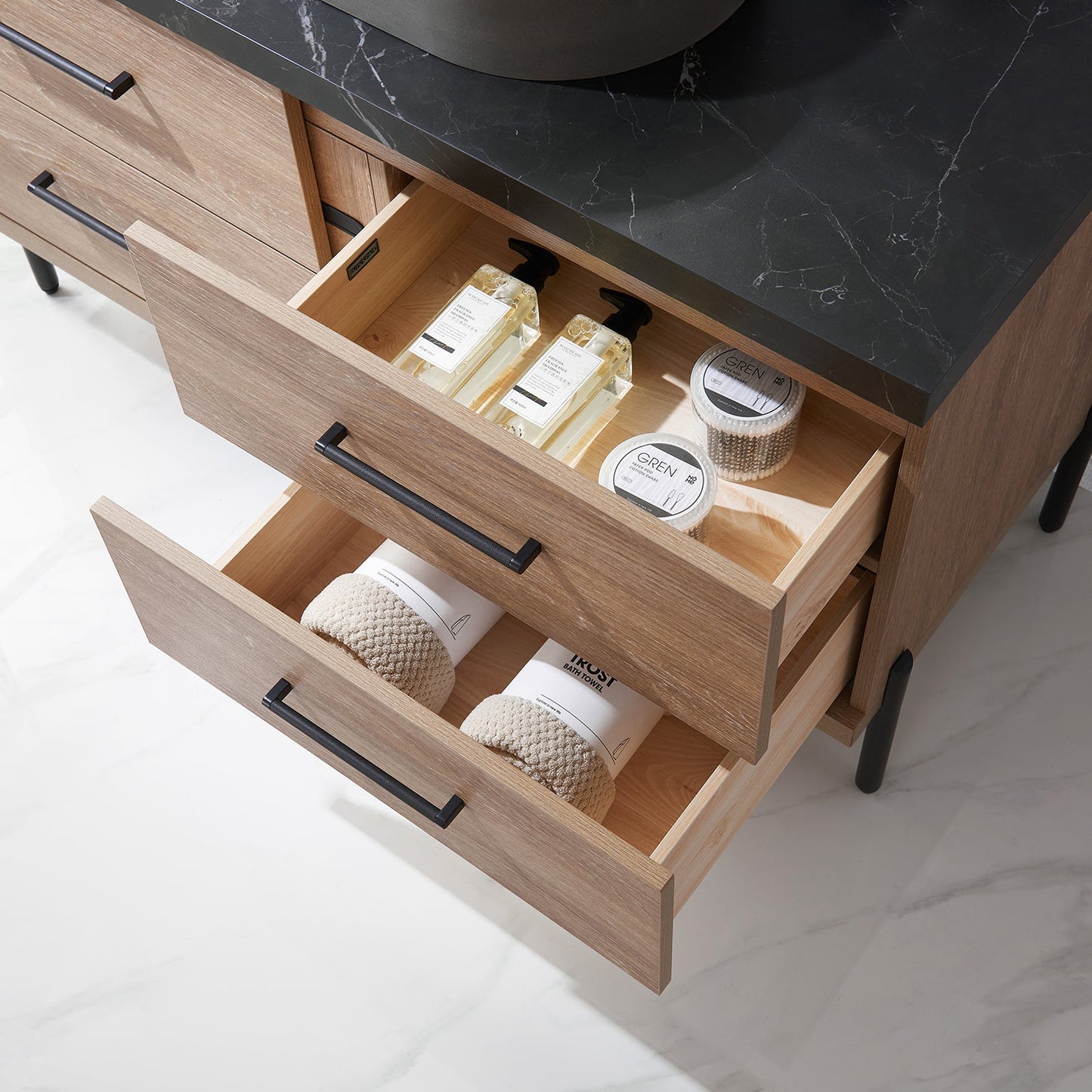 Trento 48" Single Vanity in North American Oak with Black Sintered Stone Top with Oval Concrete Sink