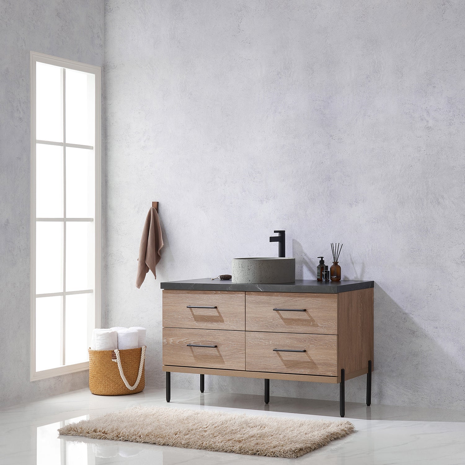 Trento 48" Single Vanity in North American Oak with Black Sintered Stone Top with Natural Circular Concrete Sink