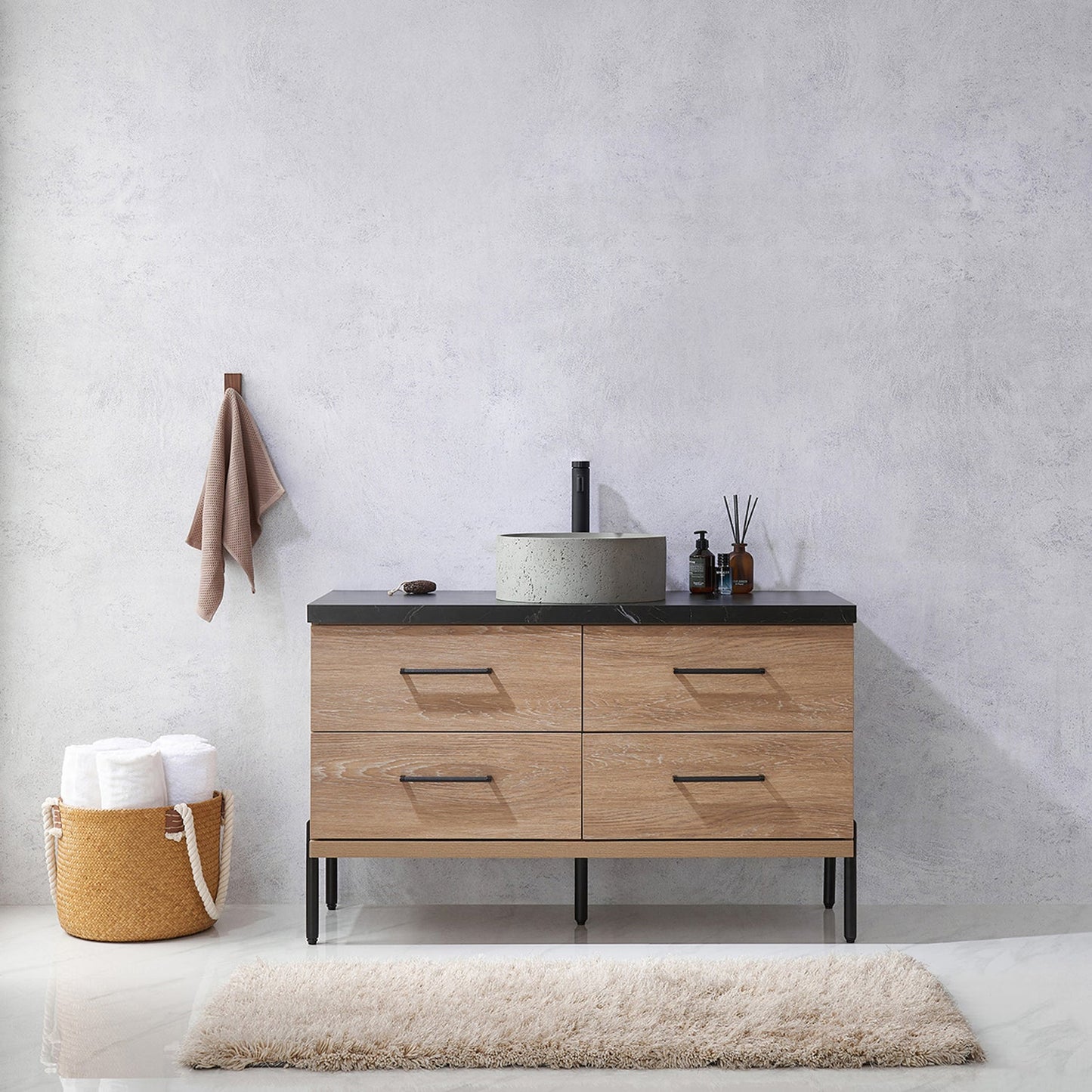 Trento 48" Single Vanity in North American Oak with Black Sintered Stone Top with Natural Circular Concrete Sink