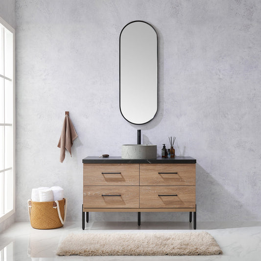 Trento 48" Single Vanity in North American Oak with Black Sintered Stone Top with Natural Circular Concrete Sink