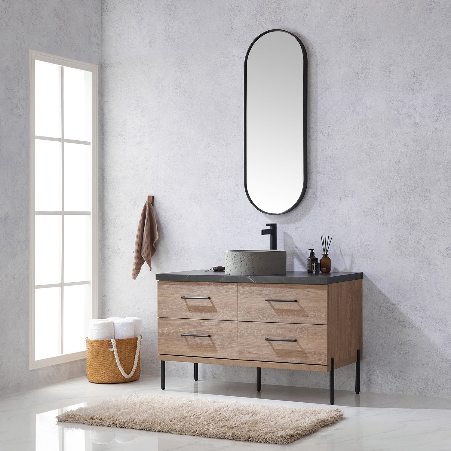 Trento 48" Single Vanity in North American Oak with Black Sintered Stone Top with Natural Circular Concrete Sink