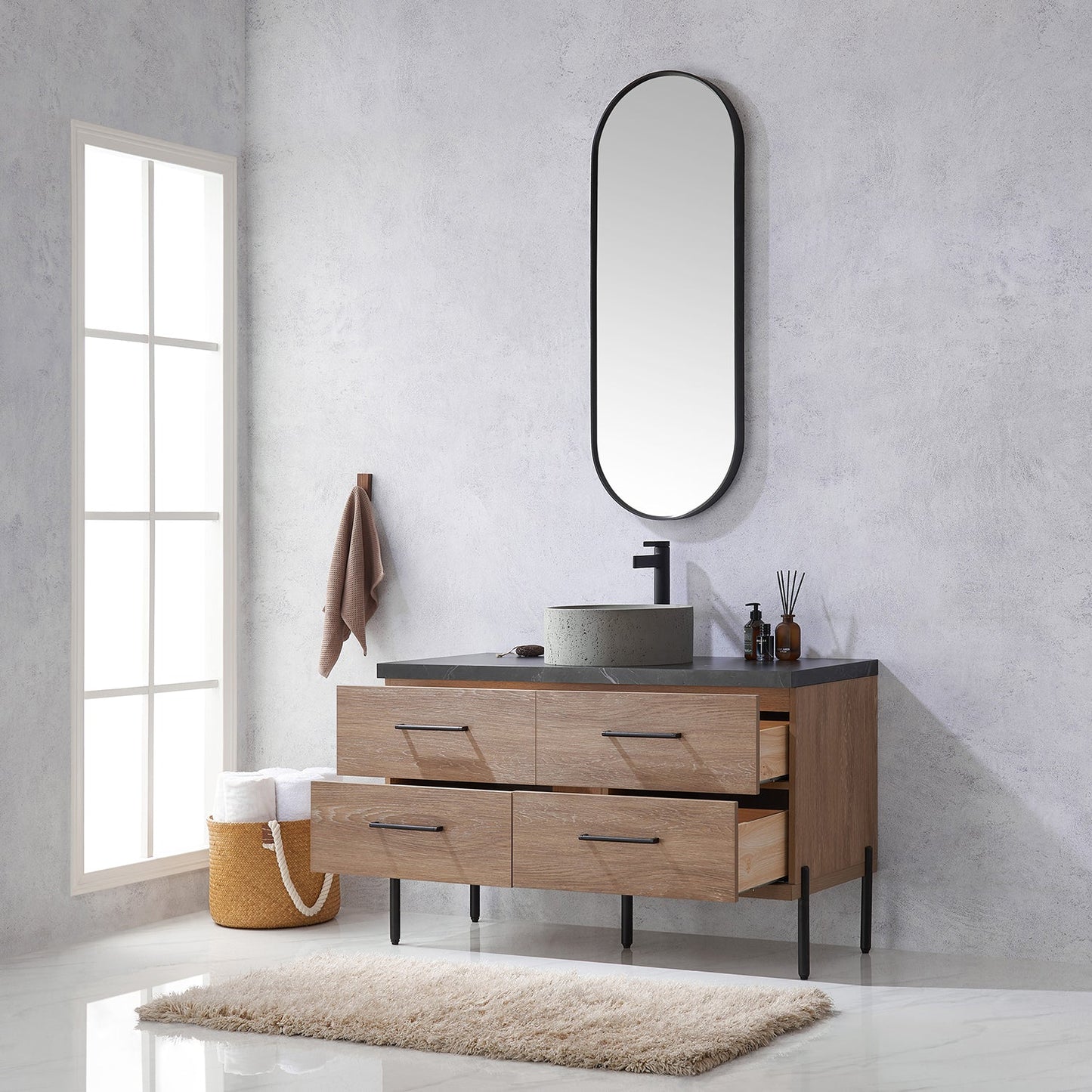 Trento 48" Single Vanity in North American Oak with Black Sintered Stone Top with Natural Circular Concrete Sink