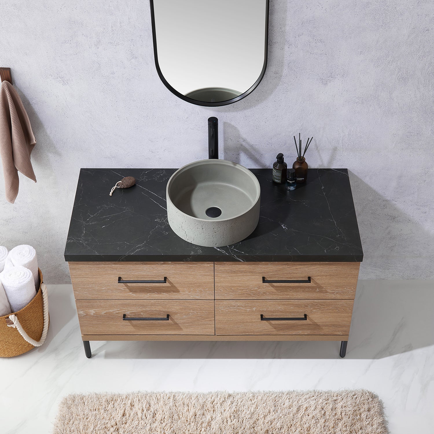 Trento 48" Single Vanity in North American Oak with Black Sintered Stone Top with Natural Circular Concrete Sink