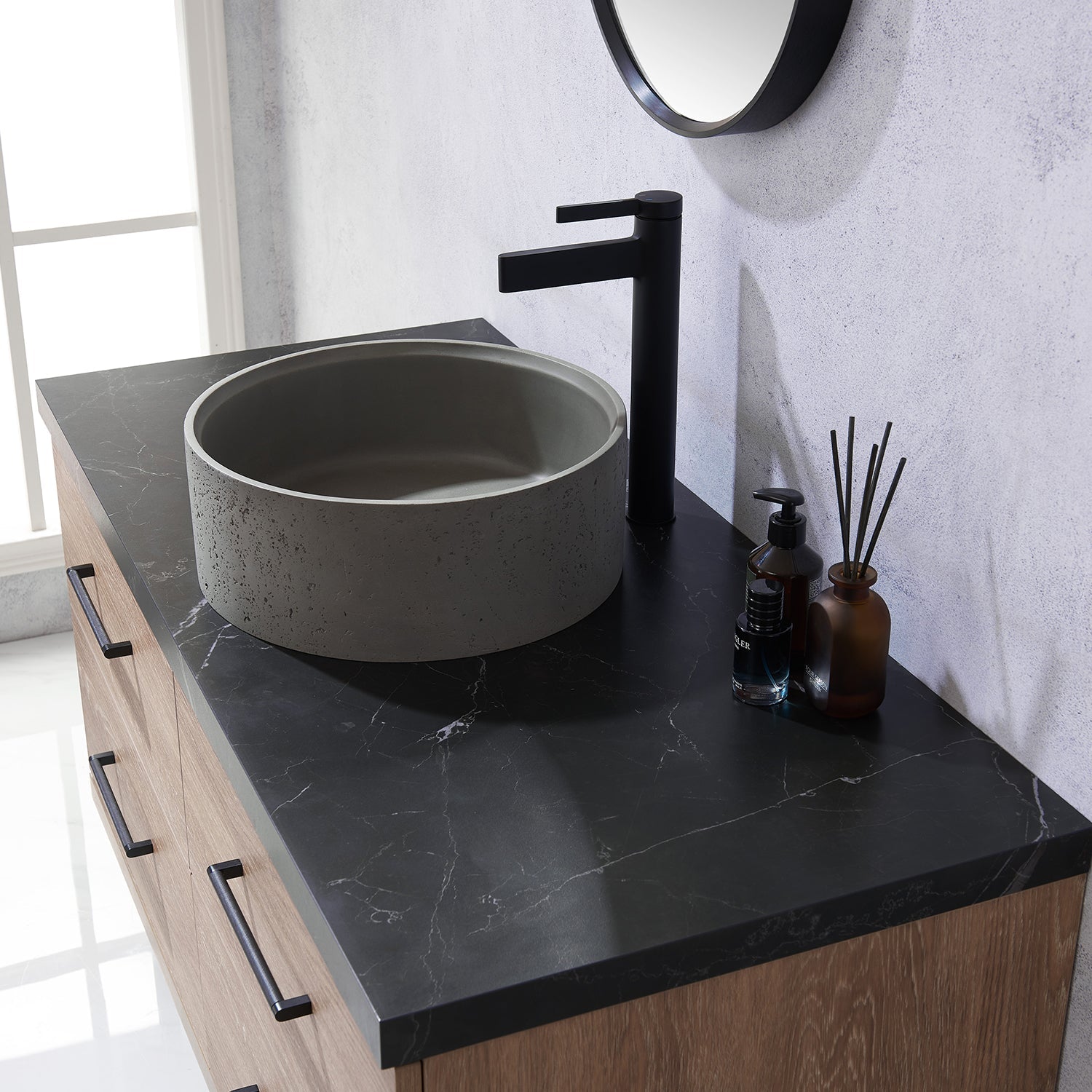 Trento 48" Single Vanity in North American Oak with Black Sintered Stone Top with Natural Circular Concrete Sink
