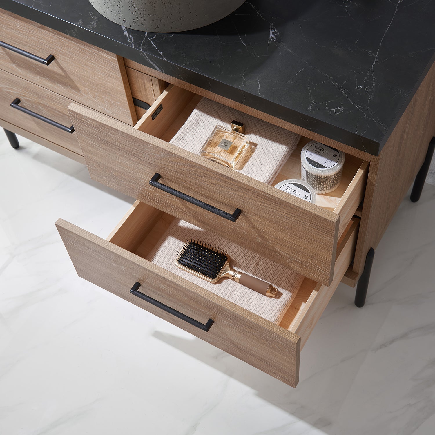 Trento 48" Single Vanity in North American Oak with Black Sintered Stone Top with Natural Circular Concrete Sink