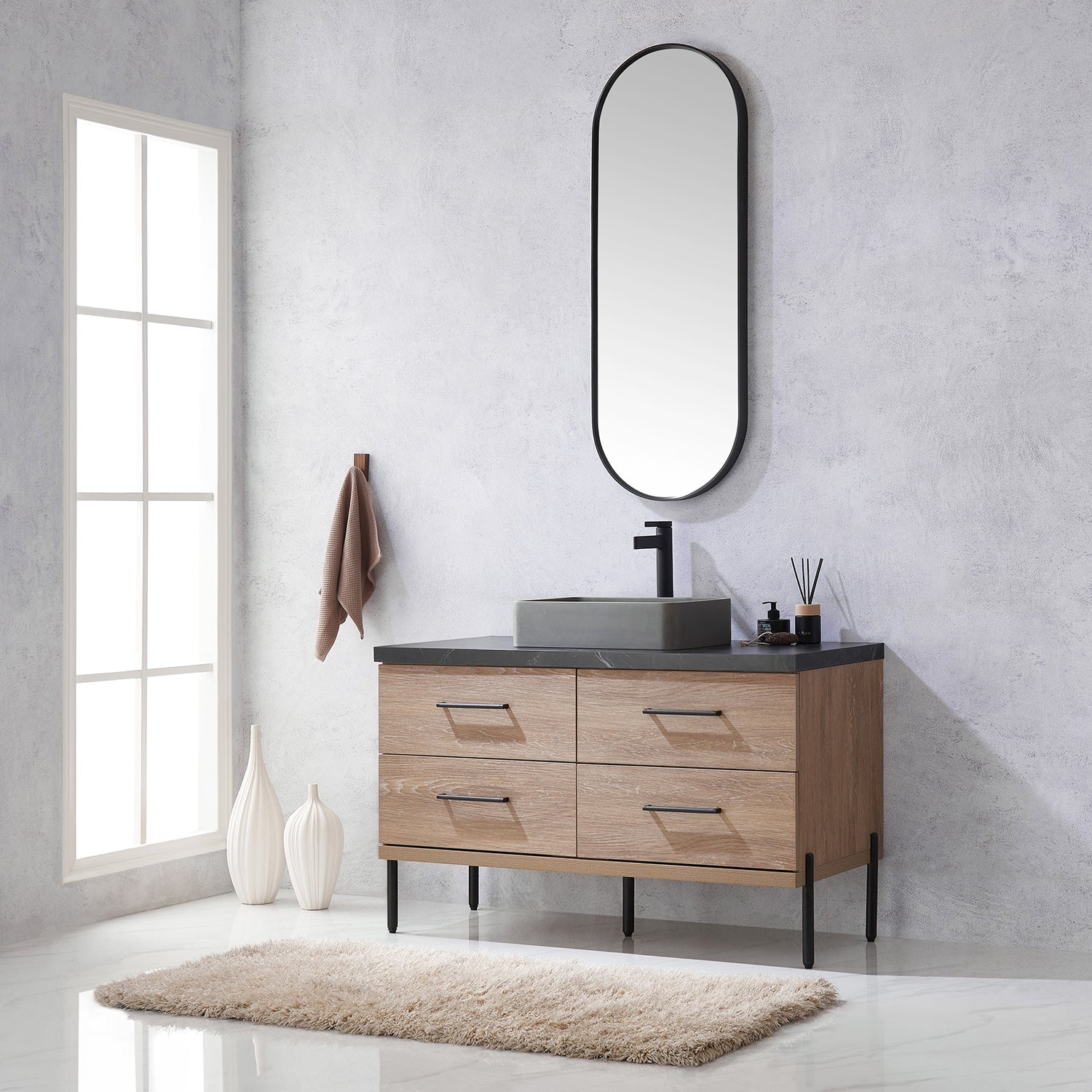 Trento 48" Single Vanity in North American Oak with Black Sintered Stone Top with Rectangular Concrete Sink