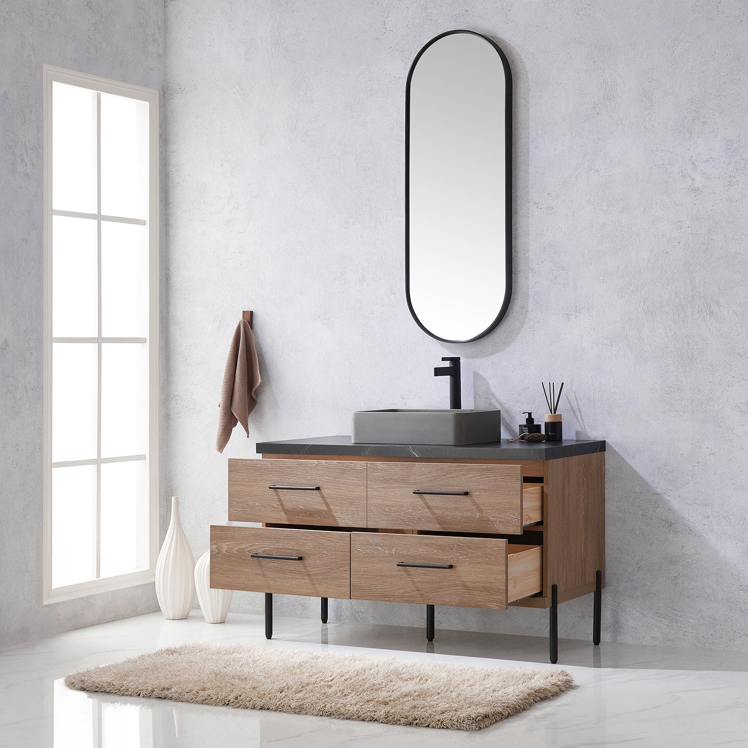 Trento 48" Single Vanity in North American Oak with Black Sintered Stone Top with Rectangular Concrete Sink