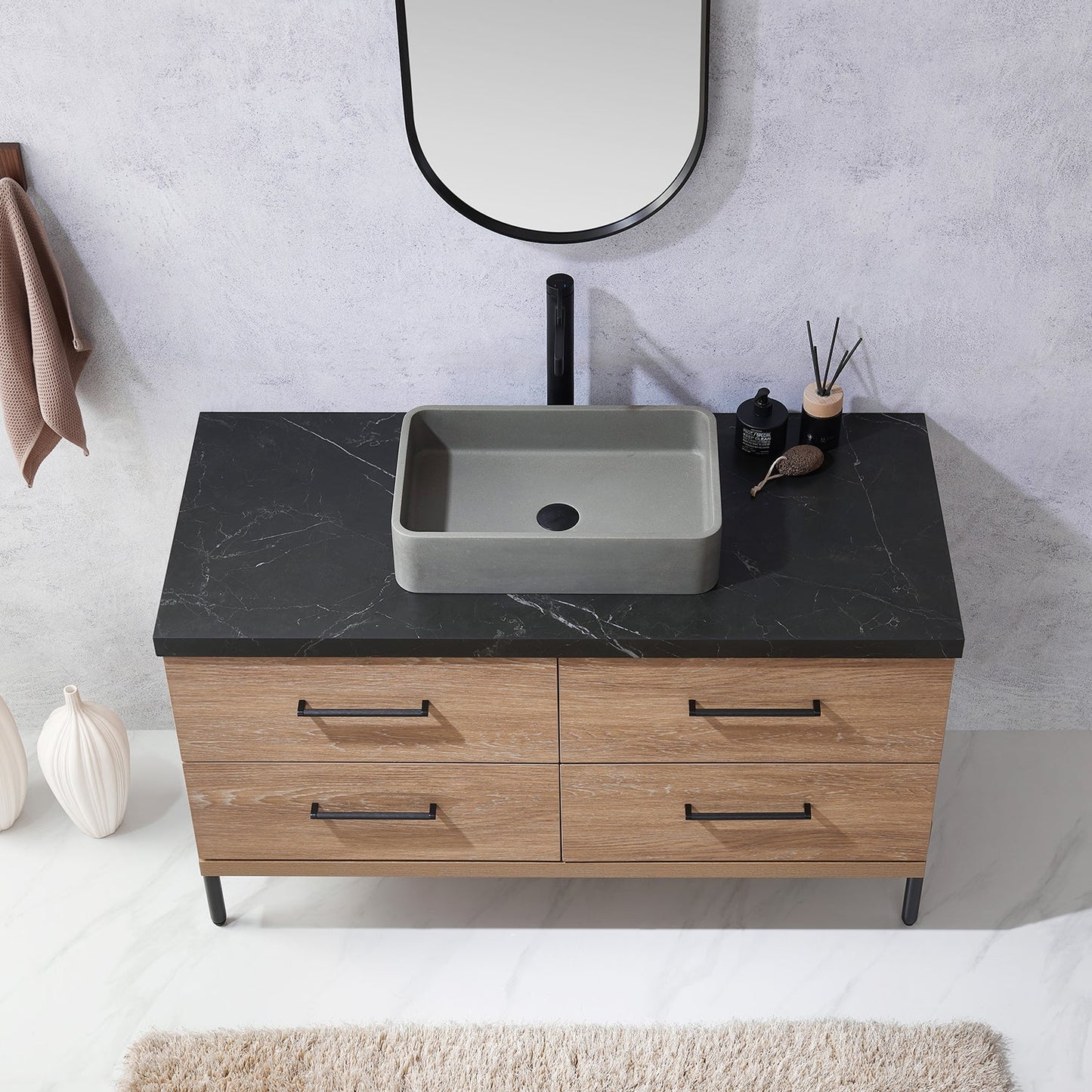 Trento 48" Single Vanity in North American Oak with Black Sintered Stone Top with Rectangular Concrete Sink