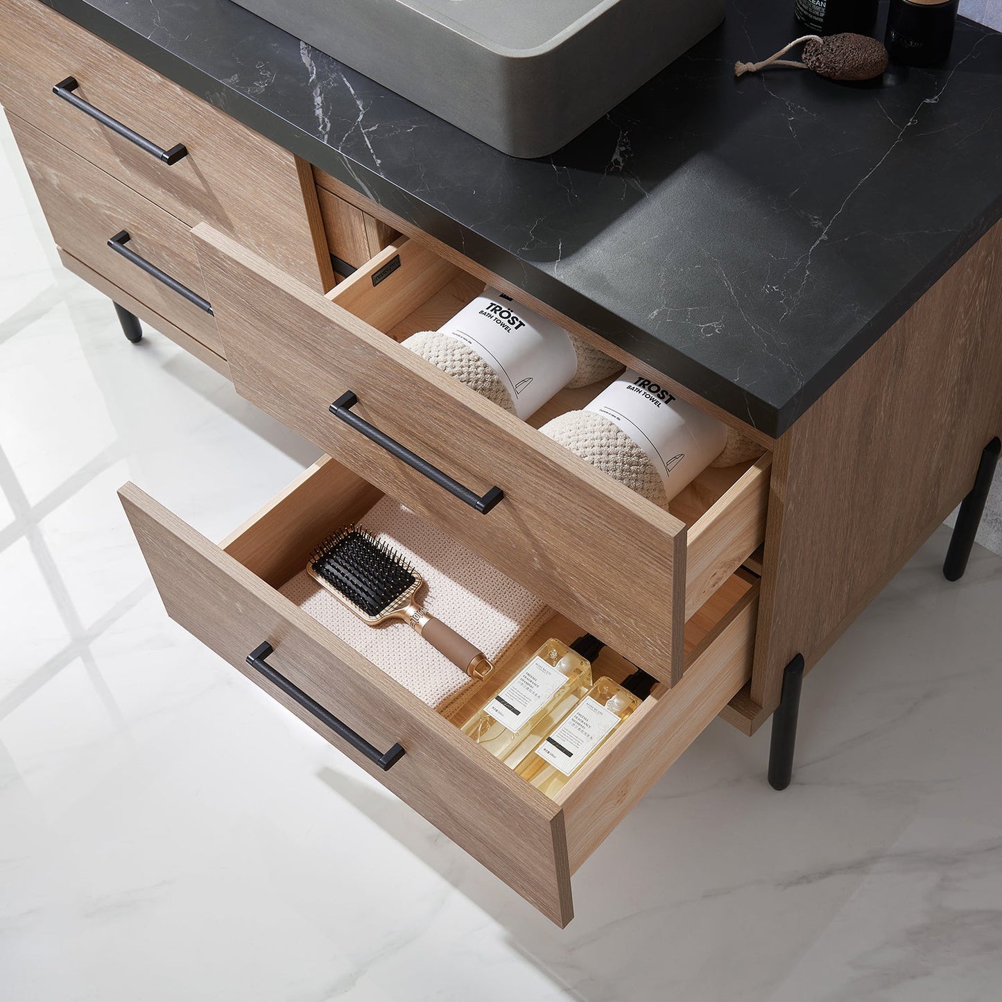 Trento 48" Single Vanity in North American Oak with Black Sintered Stone Top with Rectangular Concrete Sink