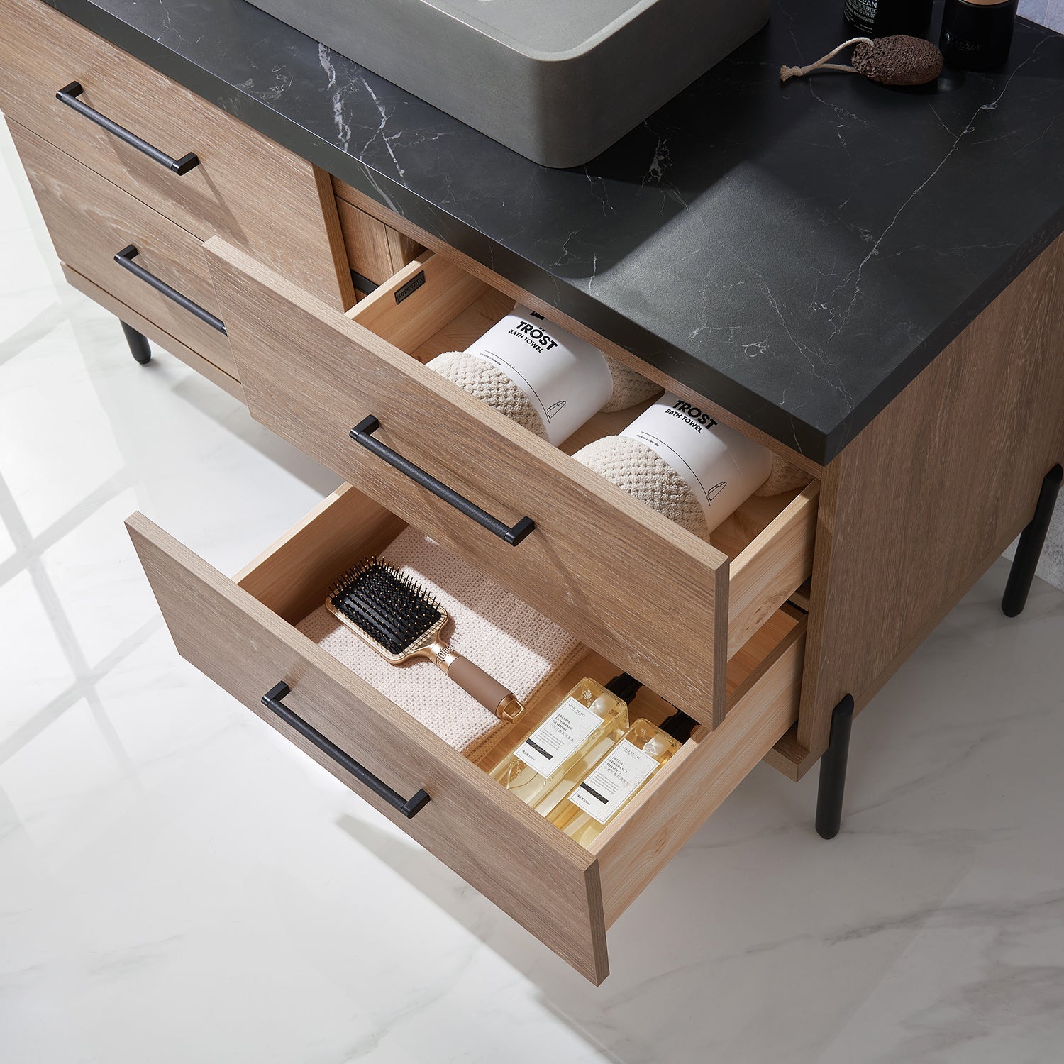Trento 48" Single Vanity in North American Oak with Black Sintered Stone Top with Rectangular Concrete Sink