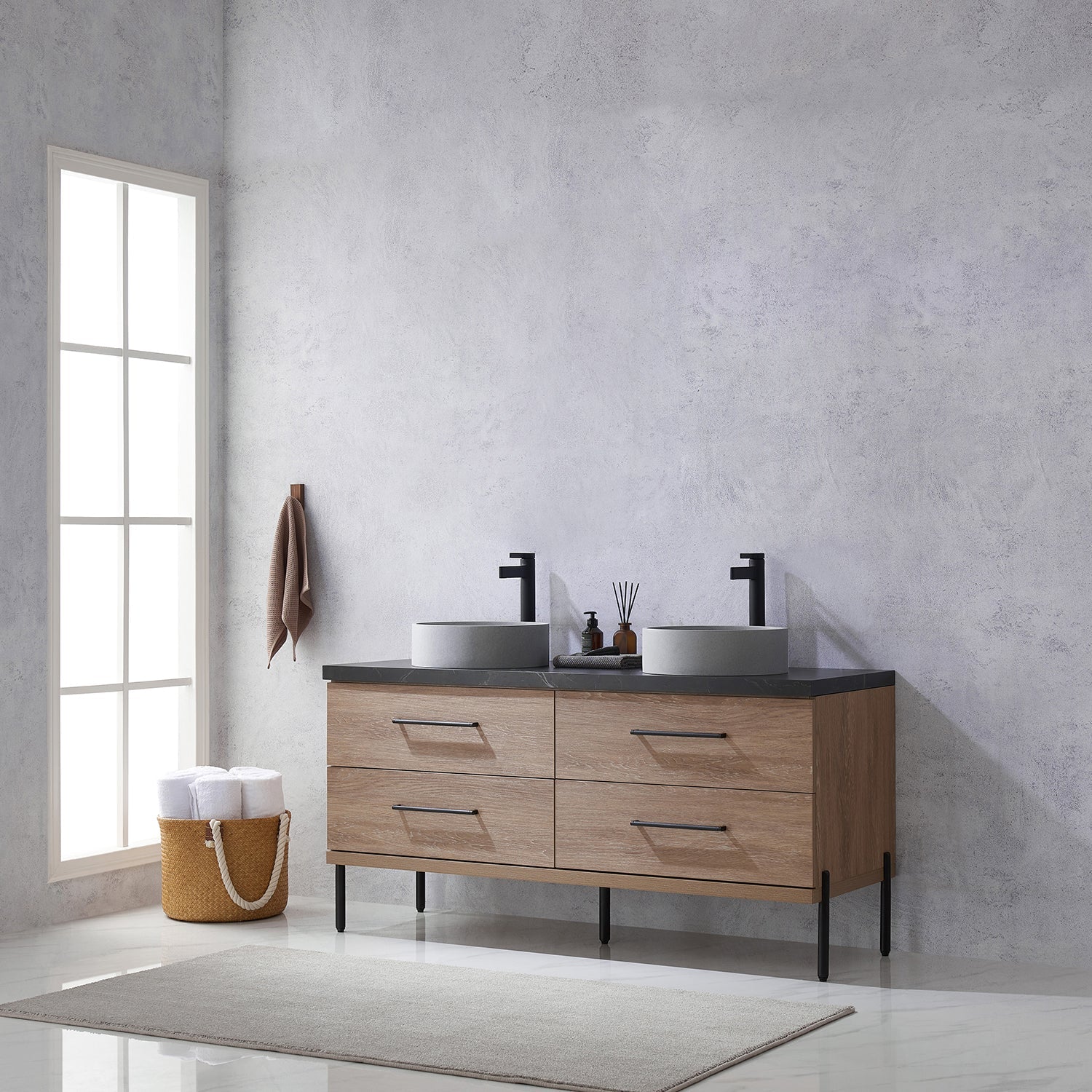 Trento 60" Double Vanity in North American Oak with Black Sintered Stone Top with Circular Concrete Sink