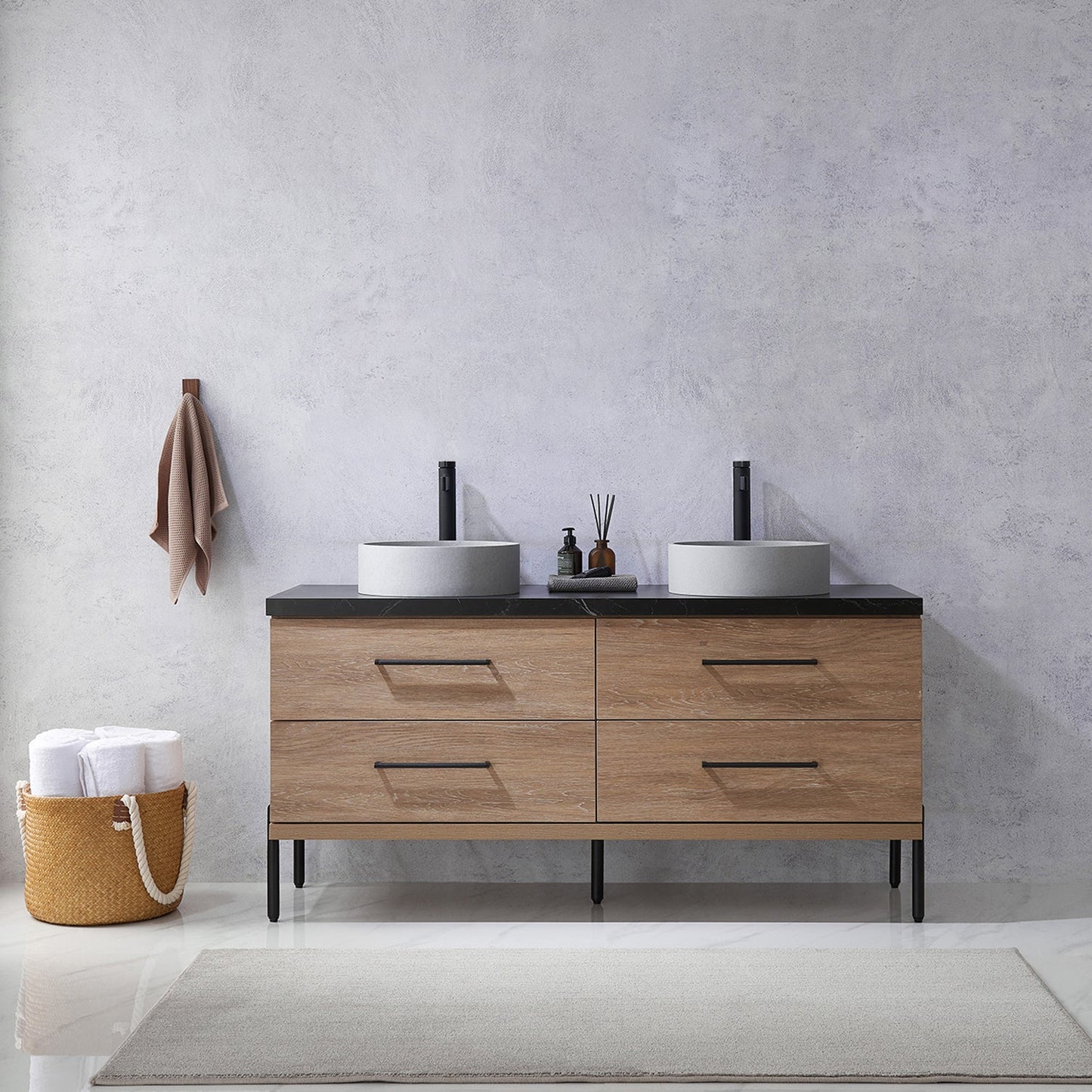 Trento 60" Double Vanity in North American Oak with Black Sintered Stone Top with Circular Concrete Sink