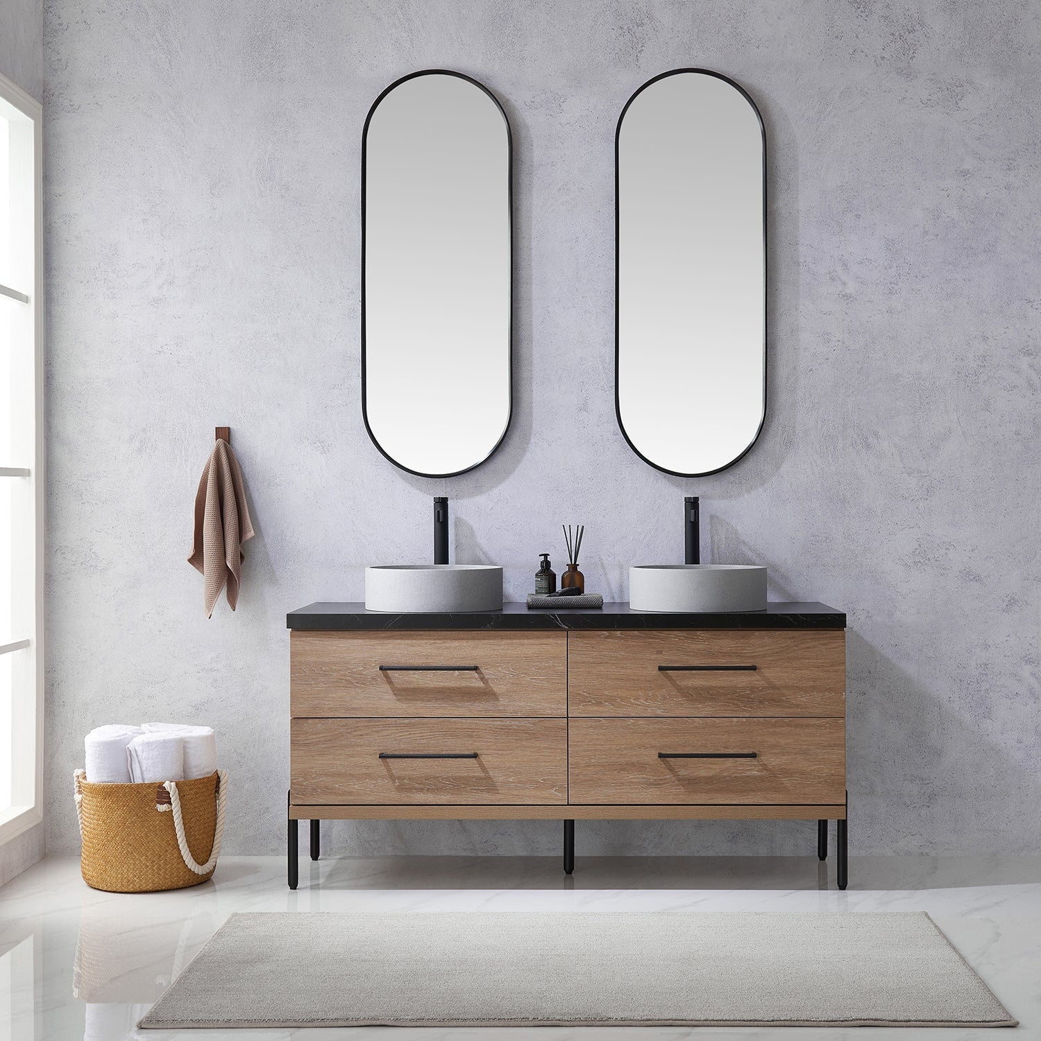 Trento 60" Double Vanity in North American Oak with Black Sintered Stone Top with Circular Concrete Sink