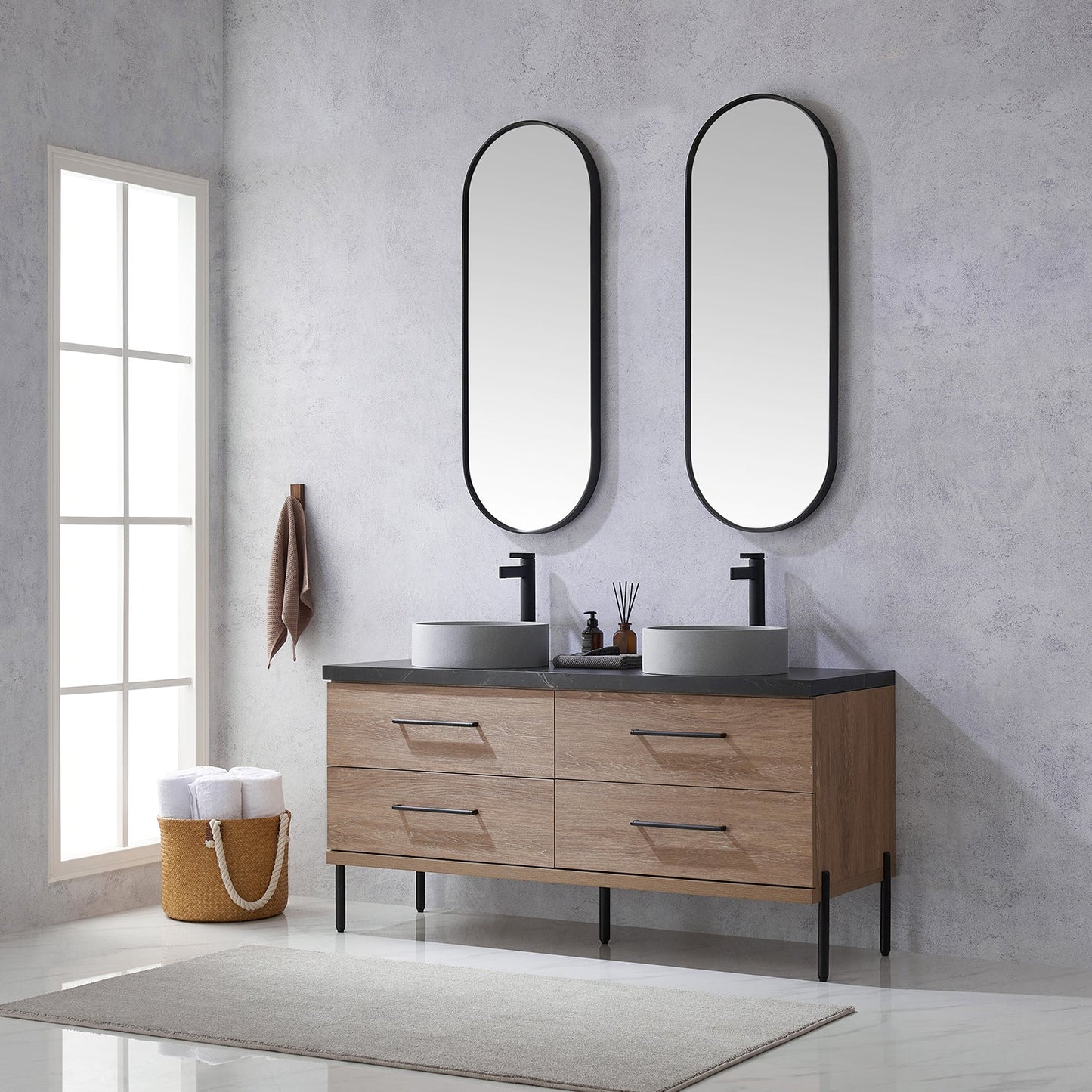 Trento 60" Double Vanity in North American Oak with Black Sintered Stone Top with Circular Concrete Sink