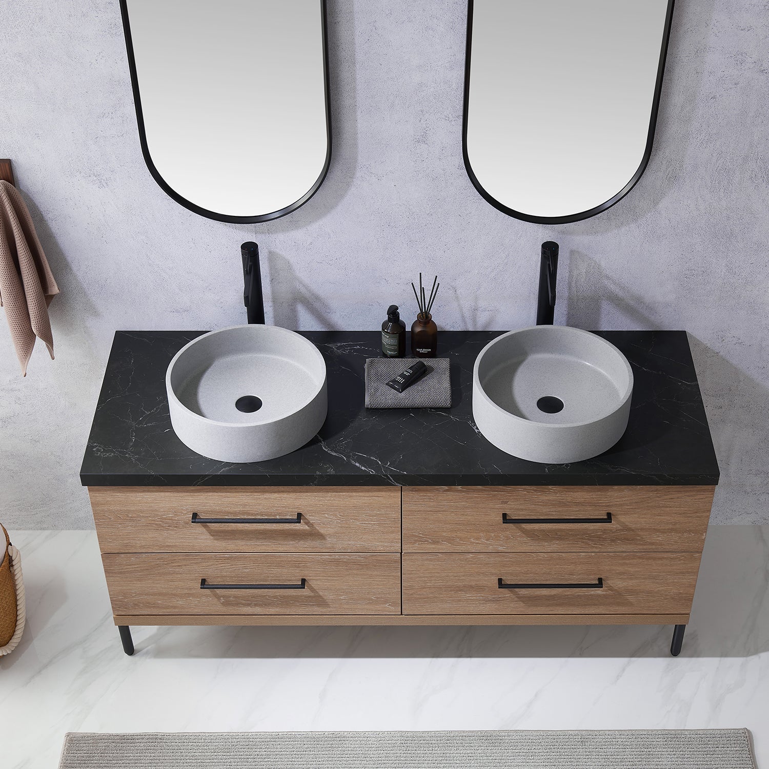 Trento 60" Double Vanity in North American Oak with Black Sintered Stone Top with Circular Concrete Sink