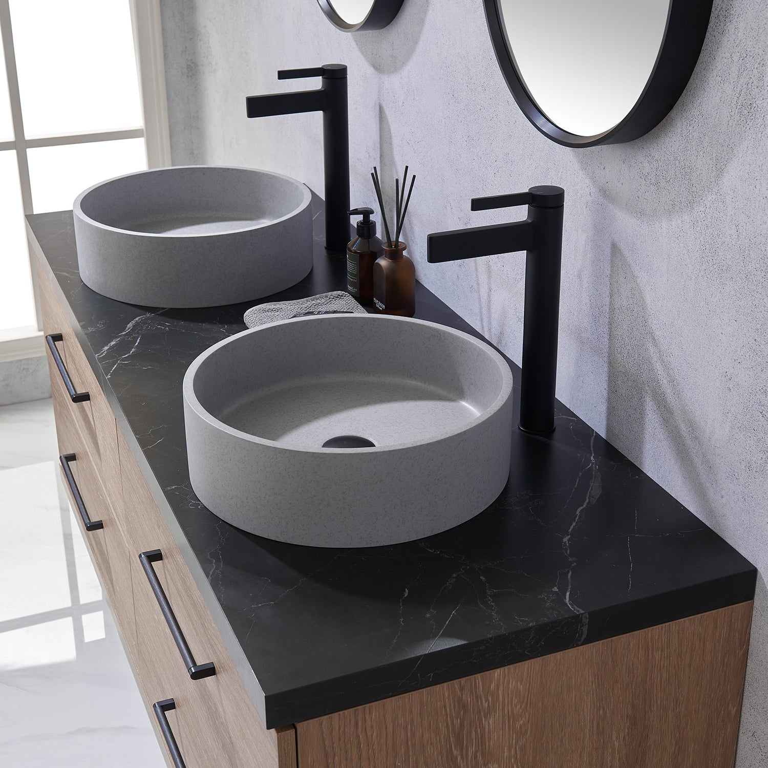 Trento 60" Double Vanity in North American Oak with Black Sintered Stone Top with Circular Concrete Sink