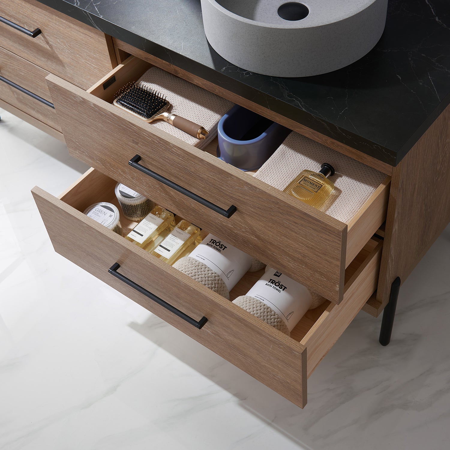 Trento 60" Double Vanity in North American Oak with Black Sintered Stone Top with Circular Concrete Sink