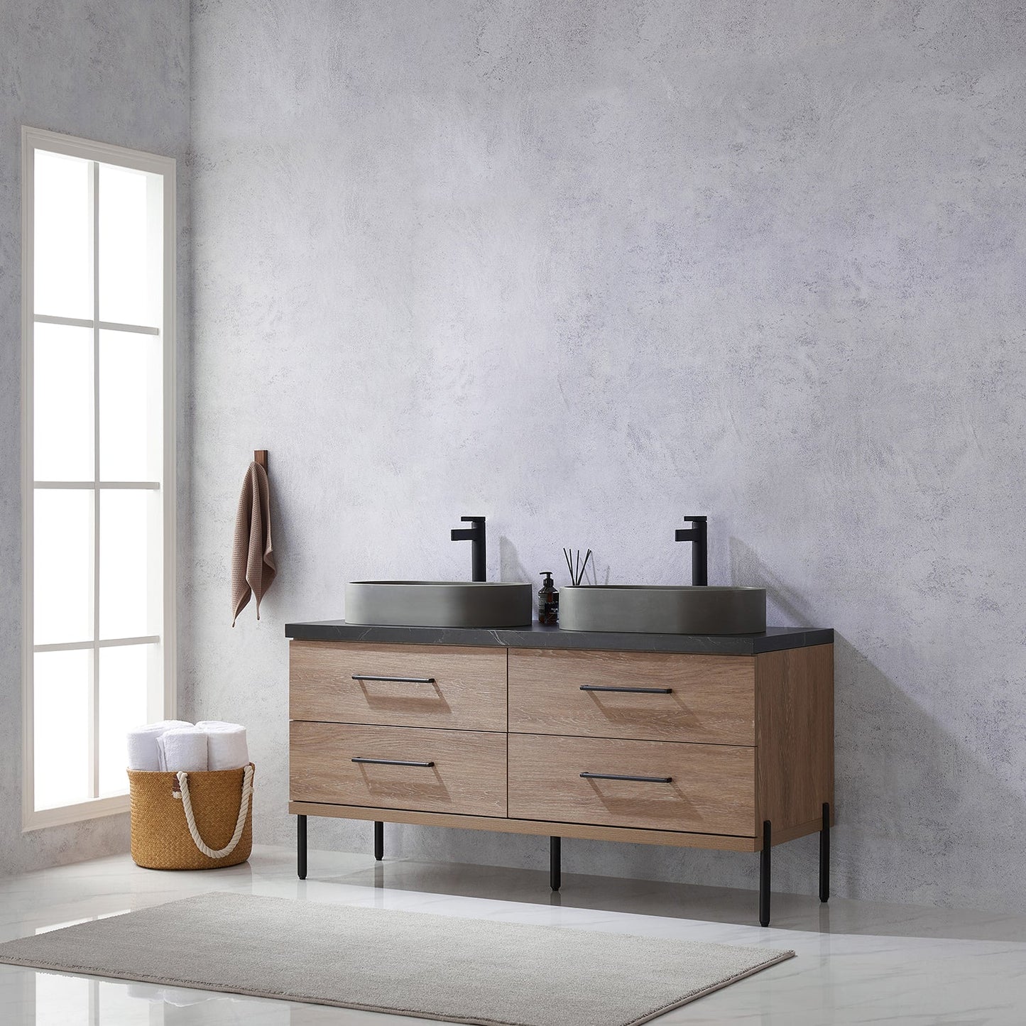 Trento 60" Double Vanity in North American Oak with Black Sintered Stone Top with Oval Concrete Sink