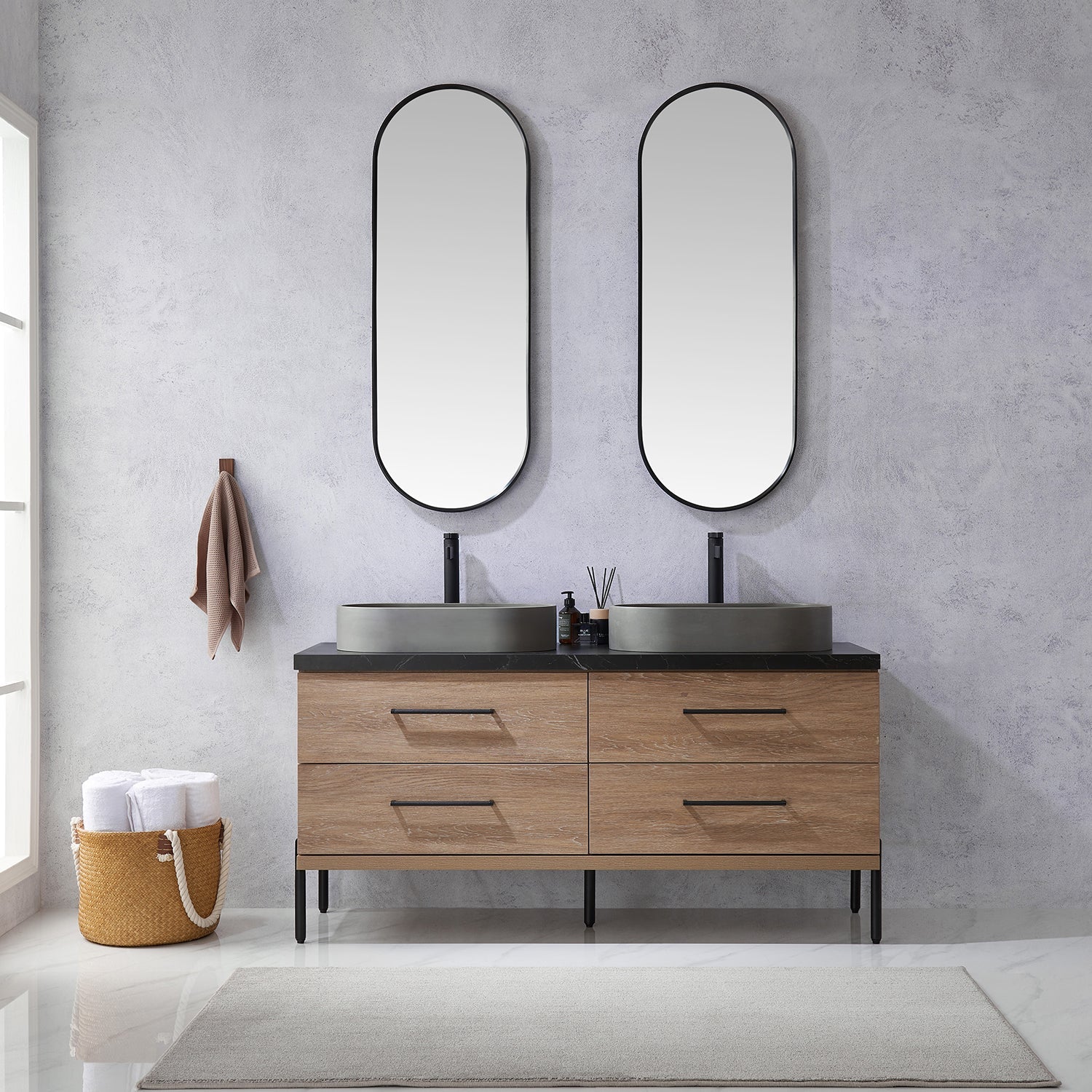 Trento 60" Double Vanity in North American Oak with Black Sintered Stone Top with Oval Concrete Sink