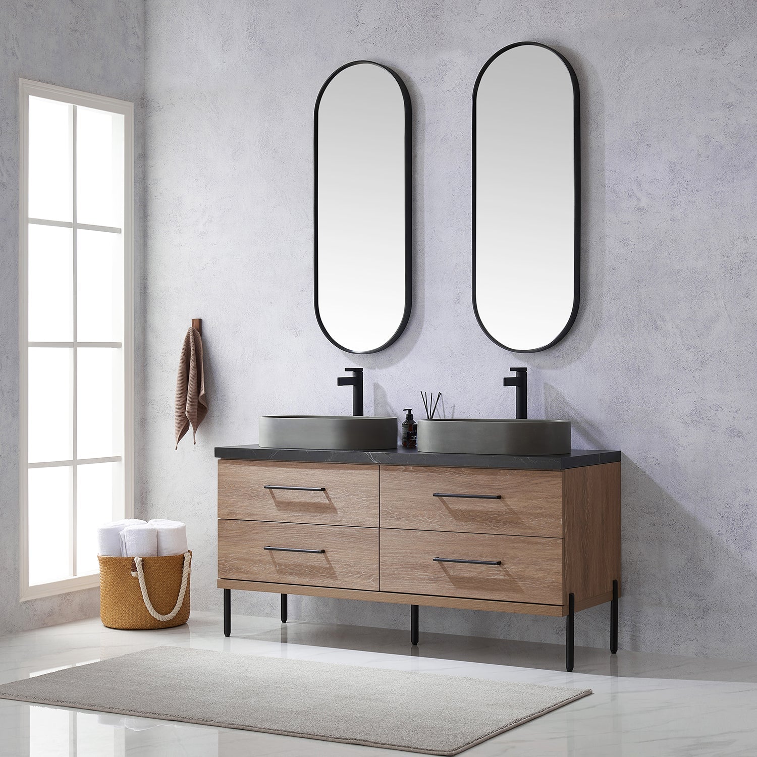 Trento 60" Double Vanity in North American Oak with Black Sintered Stone Top with Oval Concrete Sink