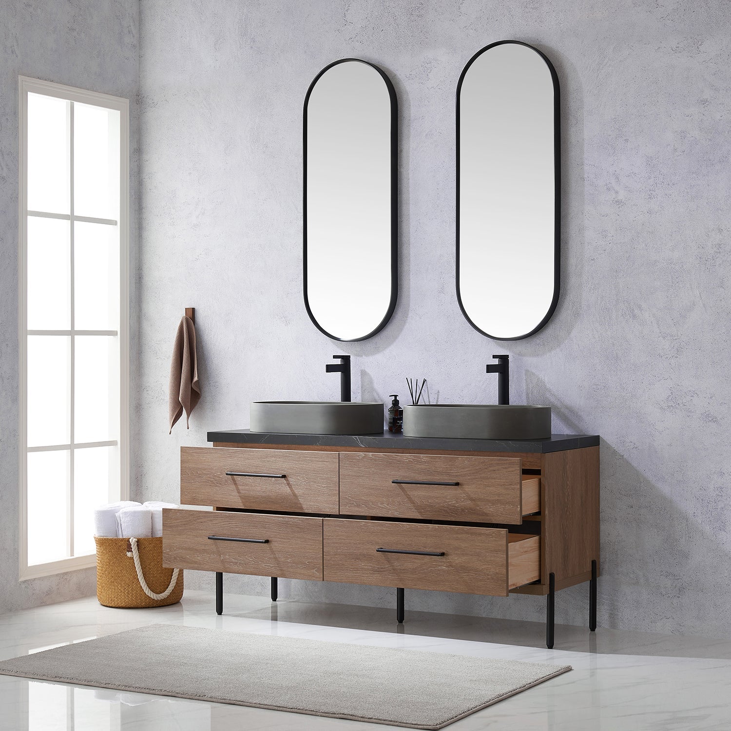 Trento 60" Double Vanity in North American Oak with Black Sintered Stone Top with Oval Concrete Sink