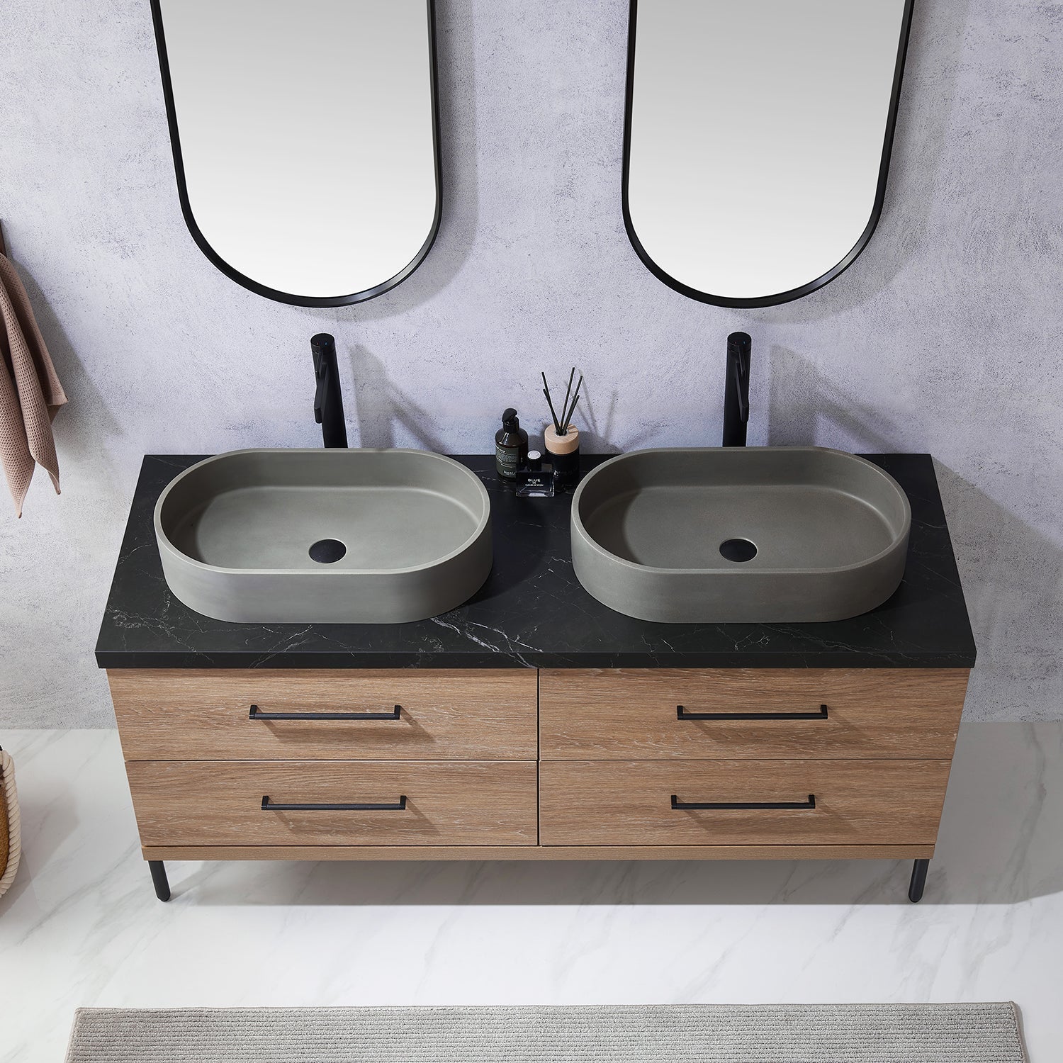 Trento 60" Double Vanity in North American Oak with Black Sintered Stone Top with Oval Concrete Sink