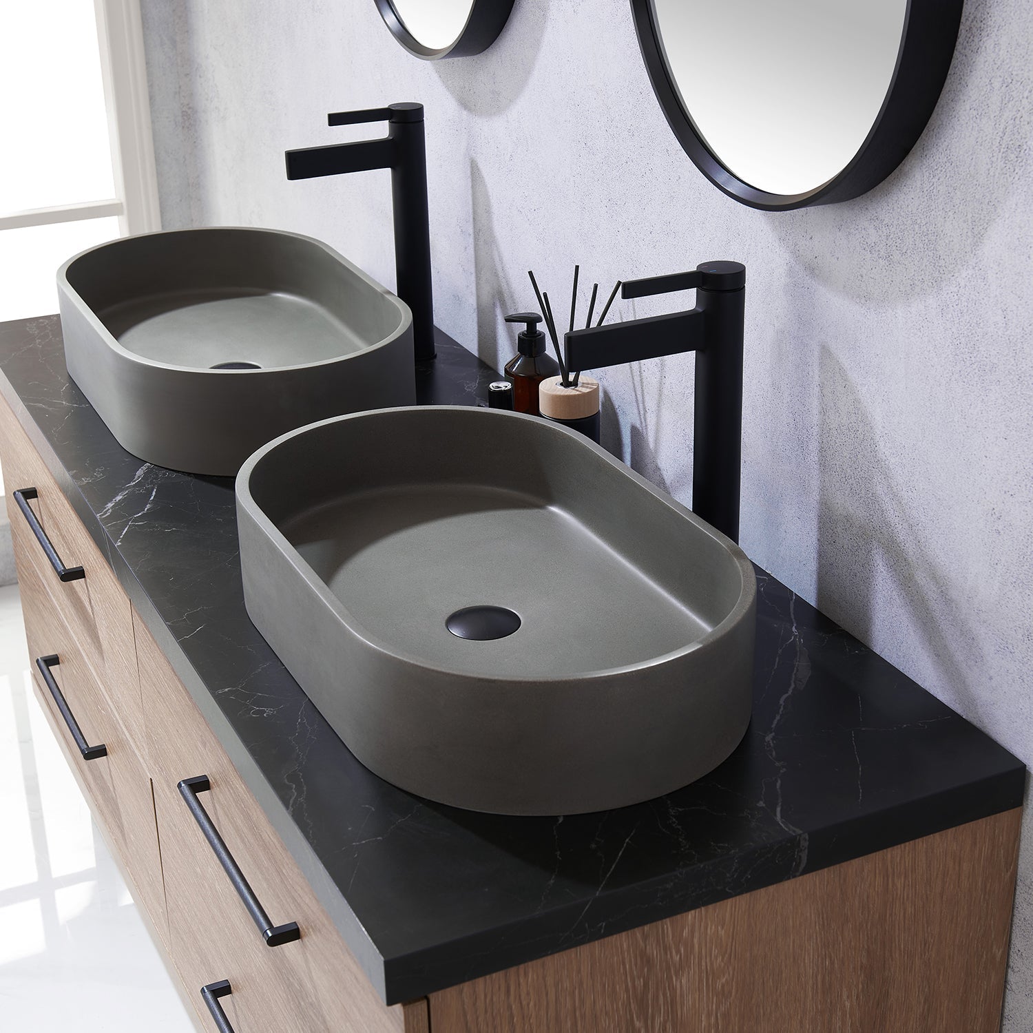 Trento 60" Double Vanity in North American Oak with Black Sintered Stone Top with Oval Concrete Sink