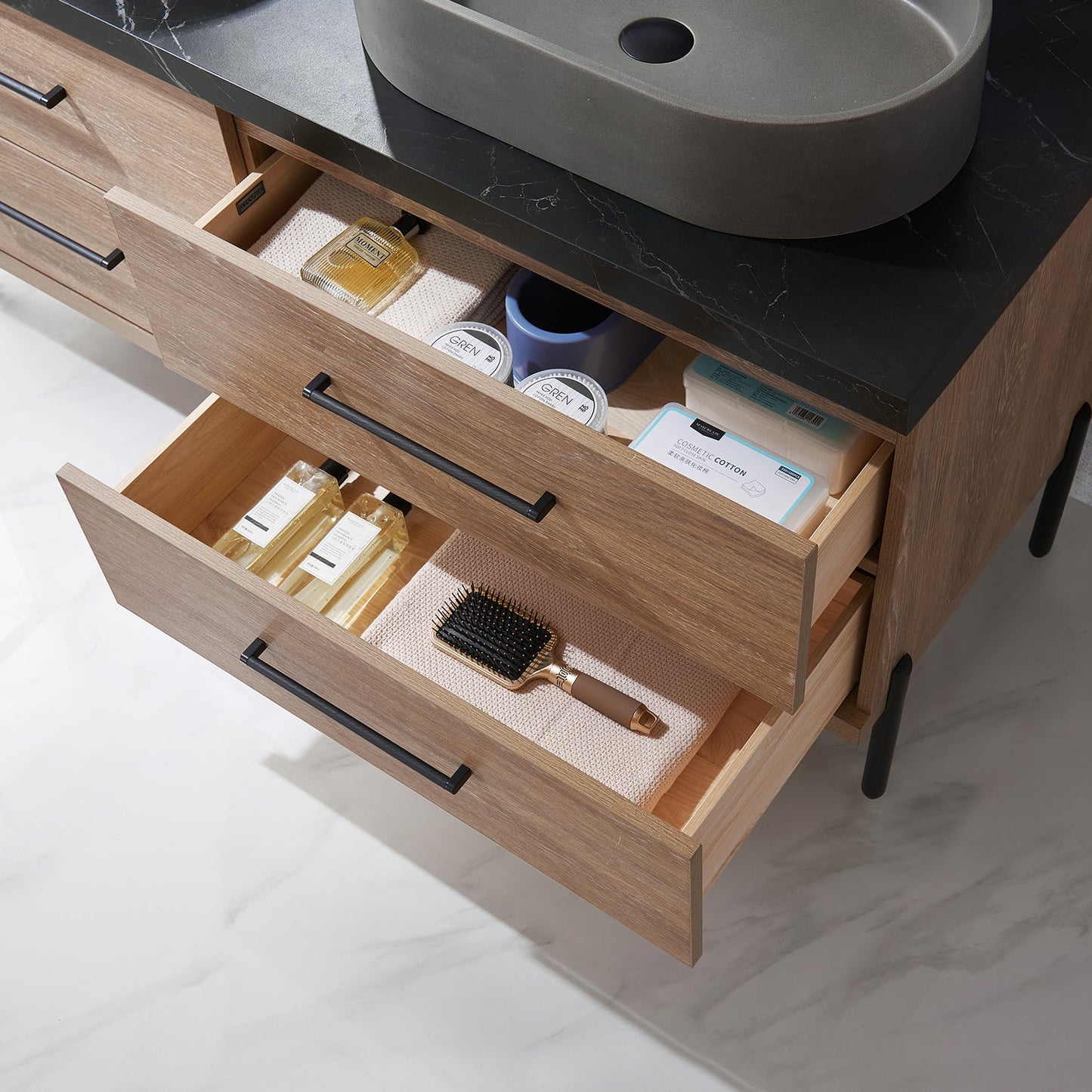 Trento 60" Double Vanity in North American Oak with Black Sintered Stone Top with Oval Concrete Sink